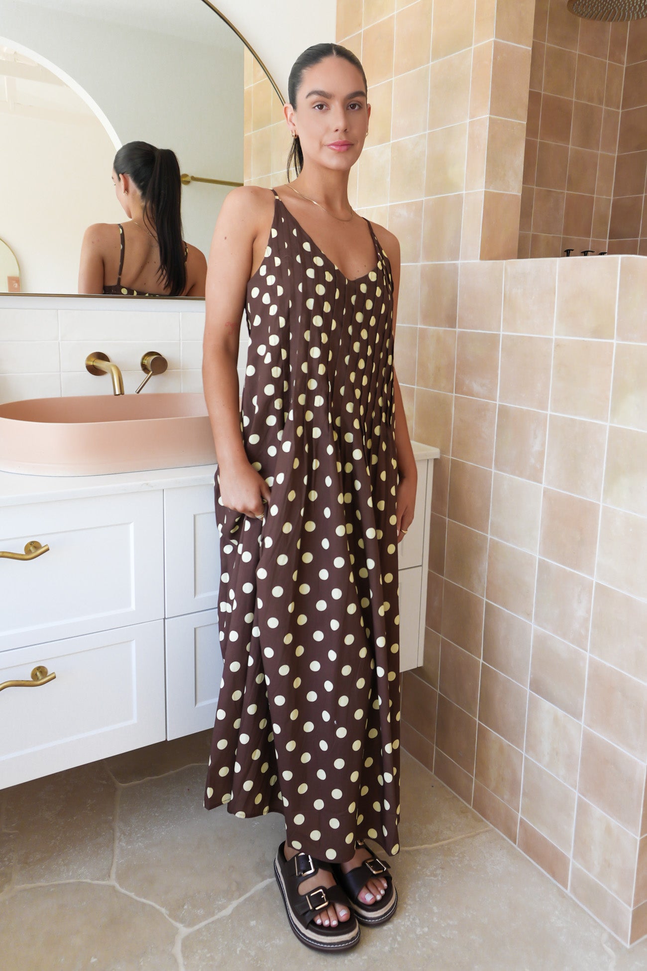 Abella Midi Dress Chocolate Yellow Polka Dot