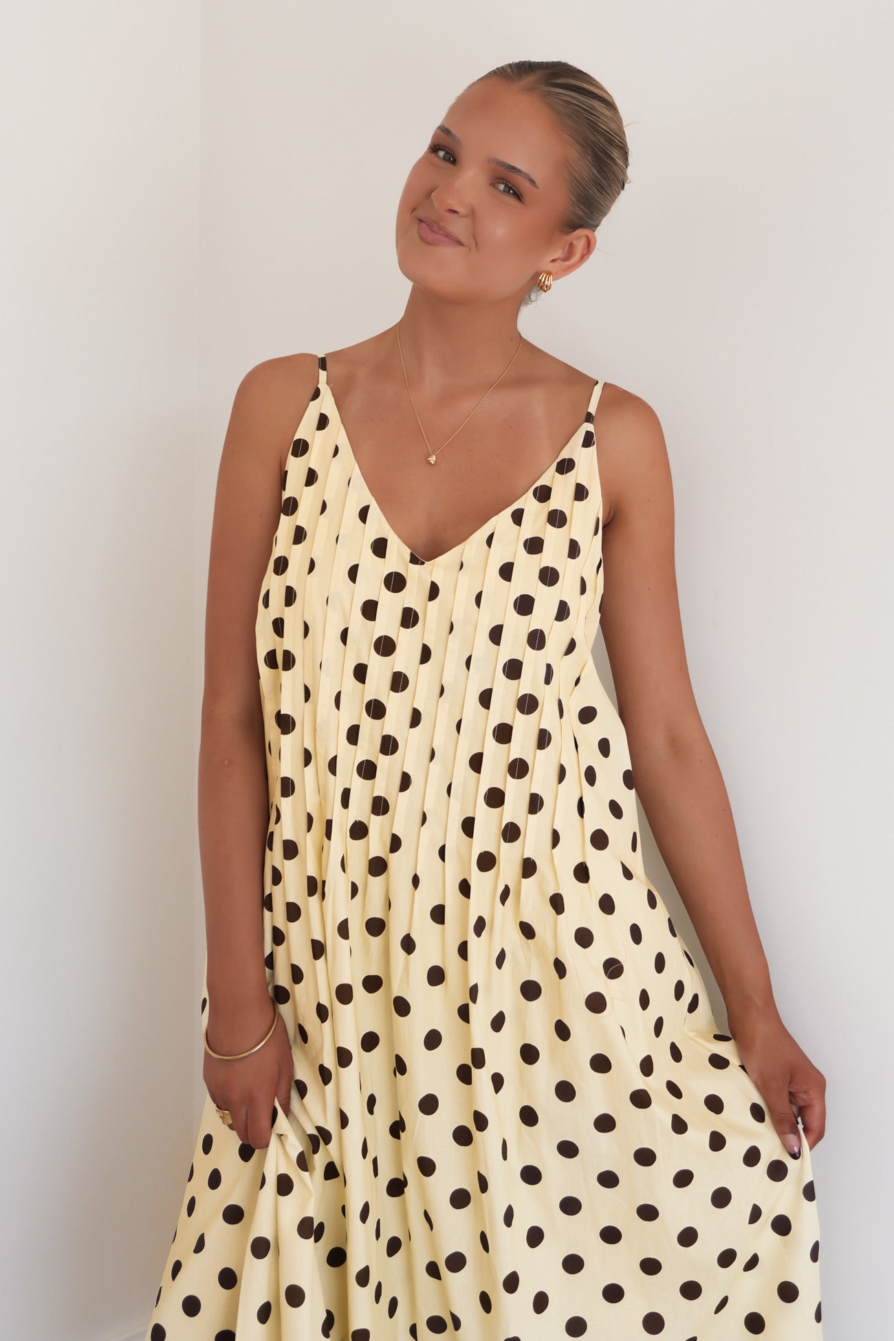 Abella Midi Dress Lemon Chocolate Polka Dot