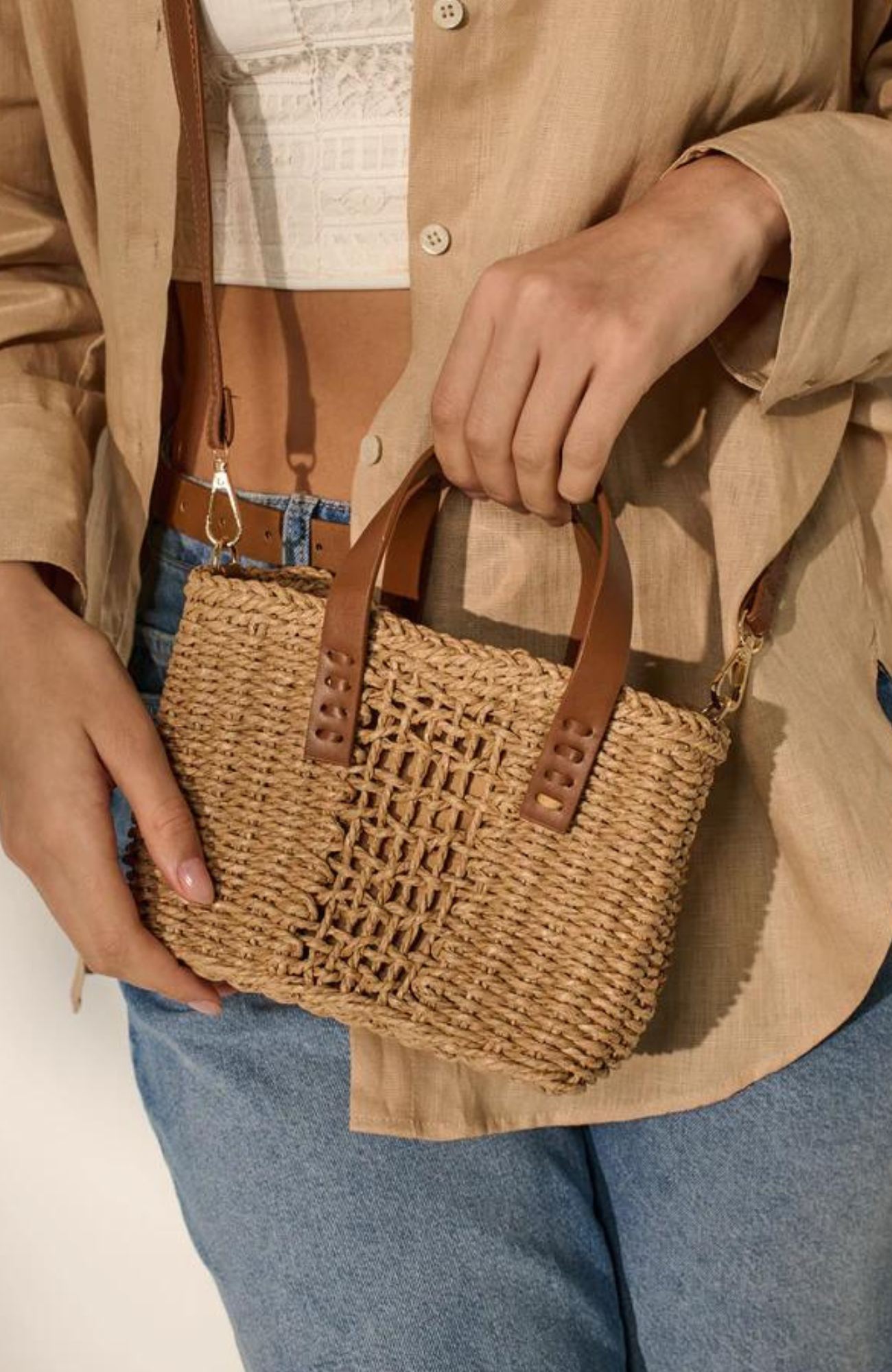 Leather Small Straw Bags Mora Straw Bag Tan