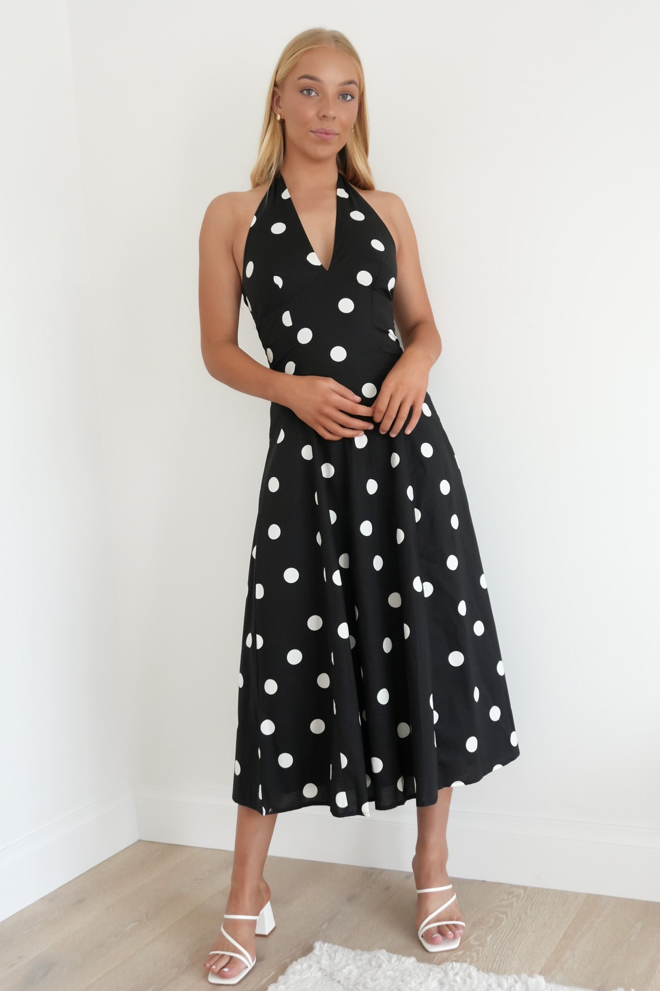 Alesha Halter Midi Dress Black Polka Dot