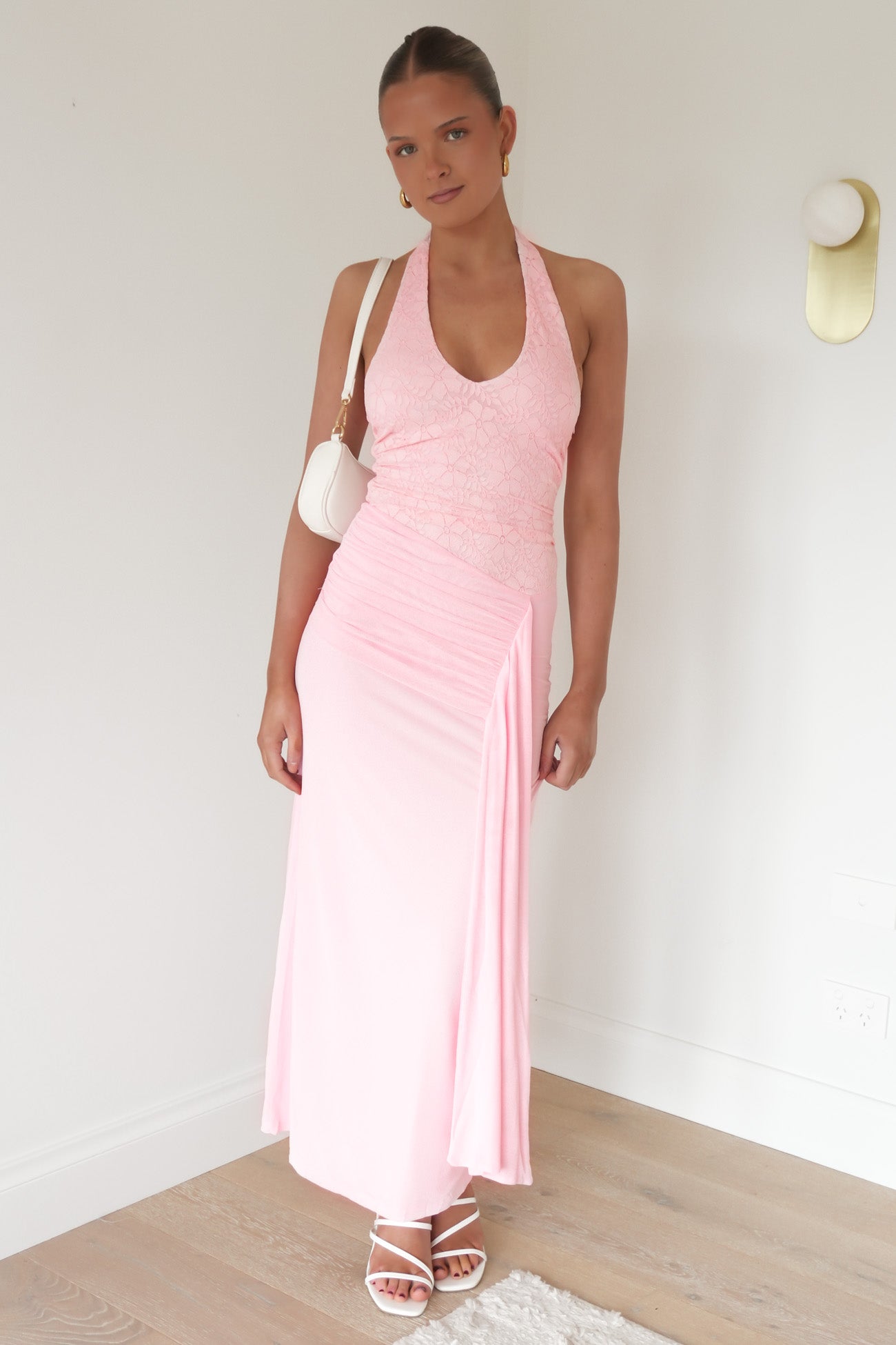 Alya Lace Halter Midi Dress Pink