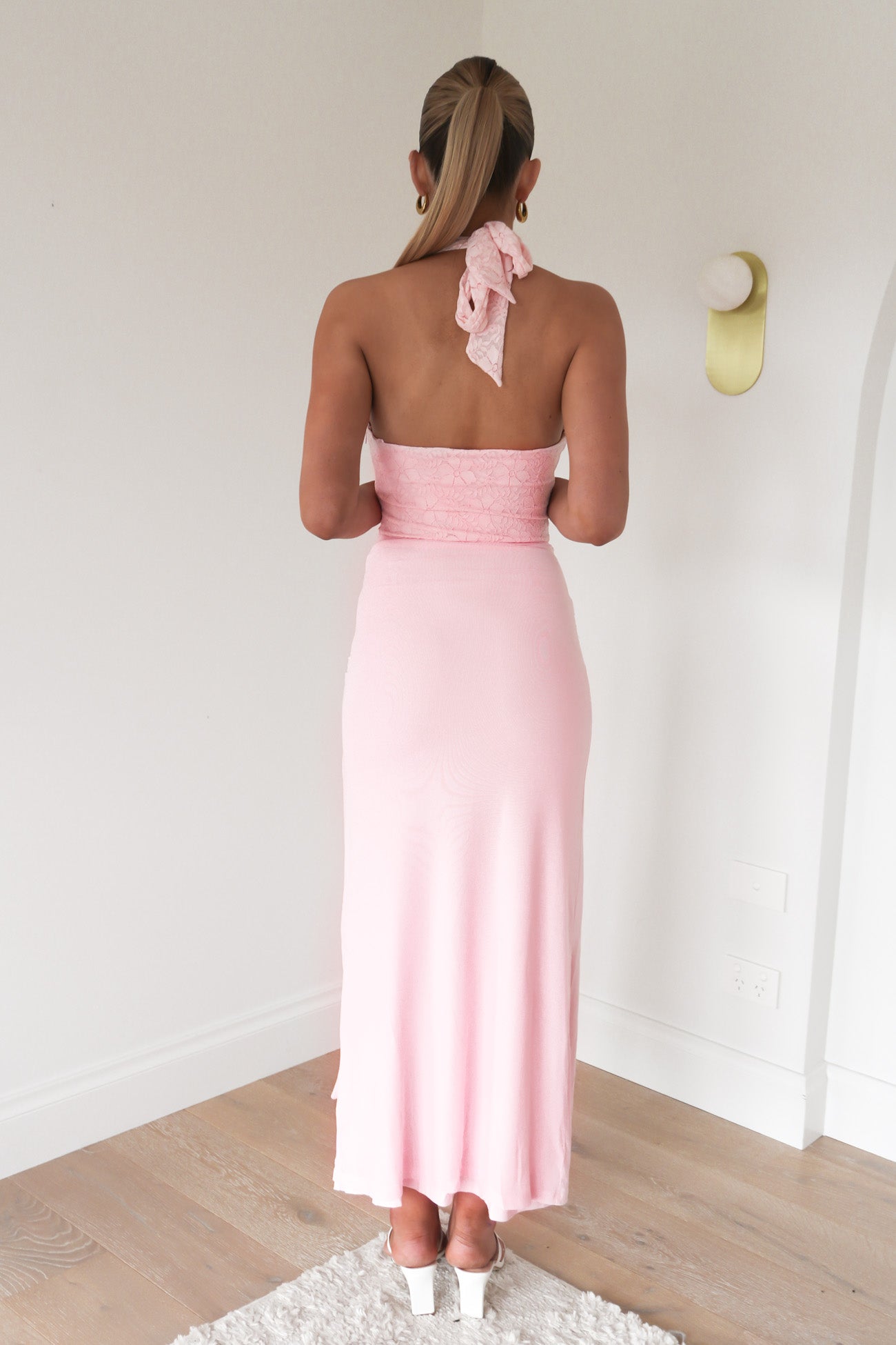 Alya Lace Halter Midi Dress Pink