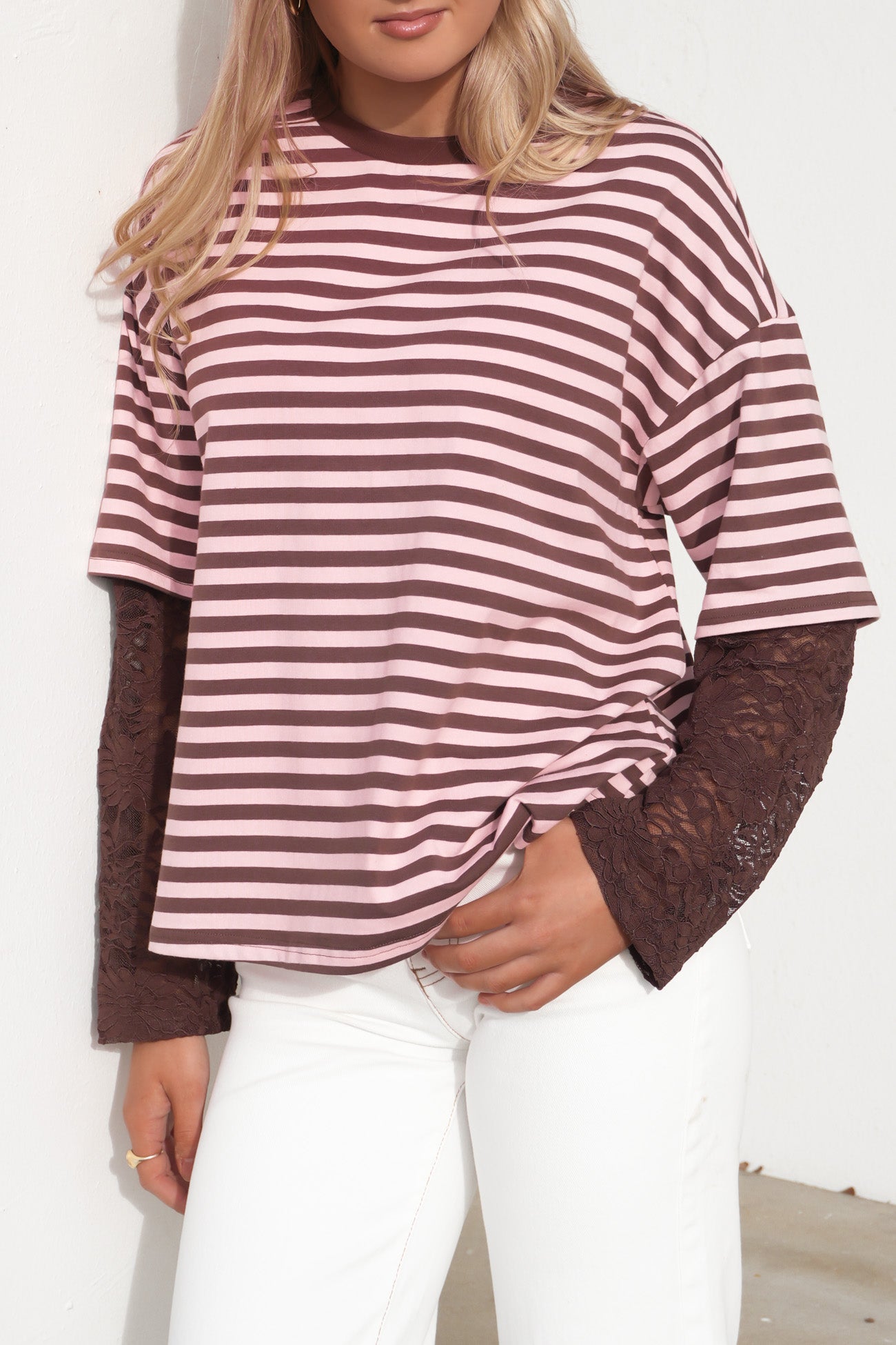 Amelia Lace Long Sleeve Tee Chocolate Pink Stripe