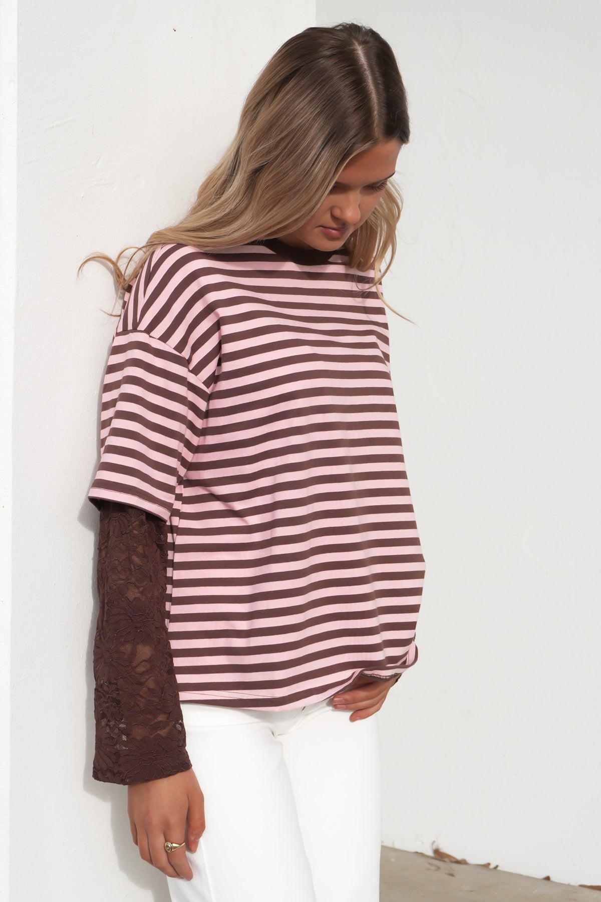 Amelia Lace Long Sleeve Tee Chocolate Pink Stripe