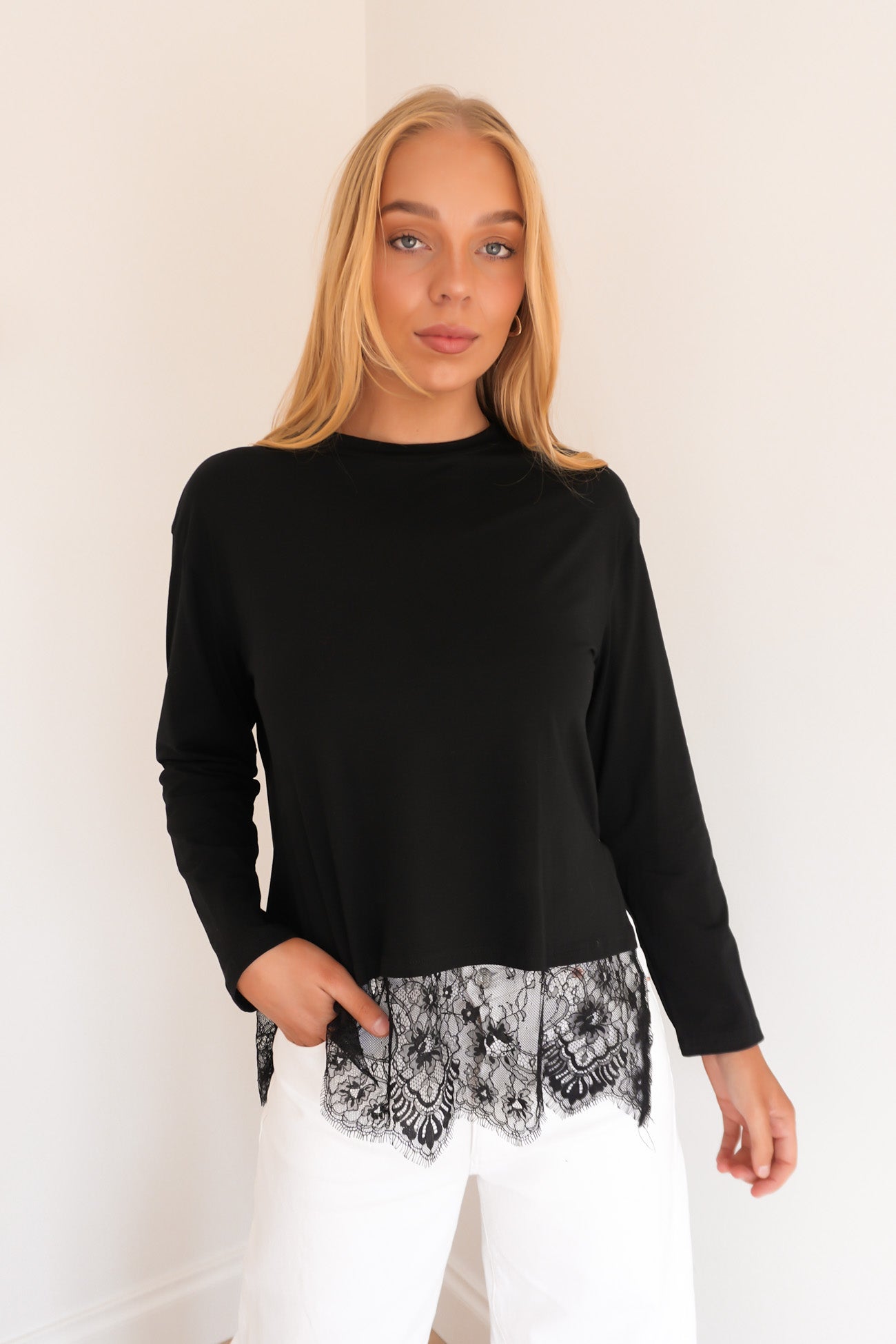 Ashlie Lace Long Sleeve Tee Black