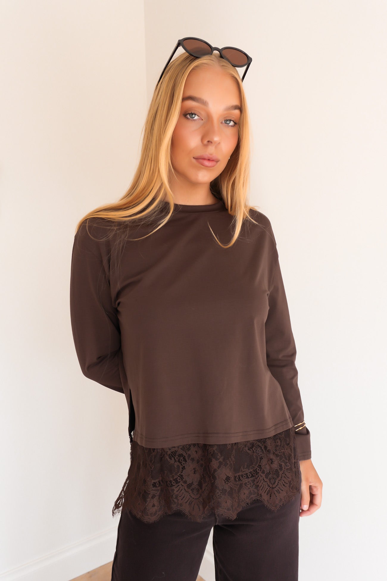Ashlie Lace Long Sleeve Tee Chocolate