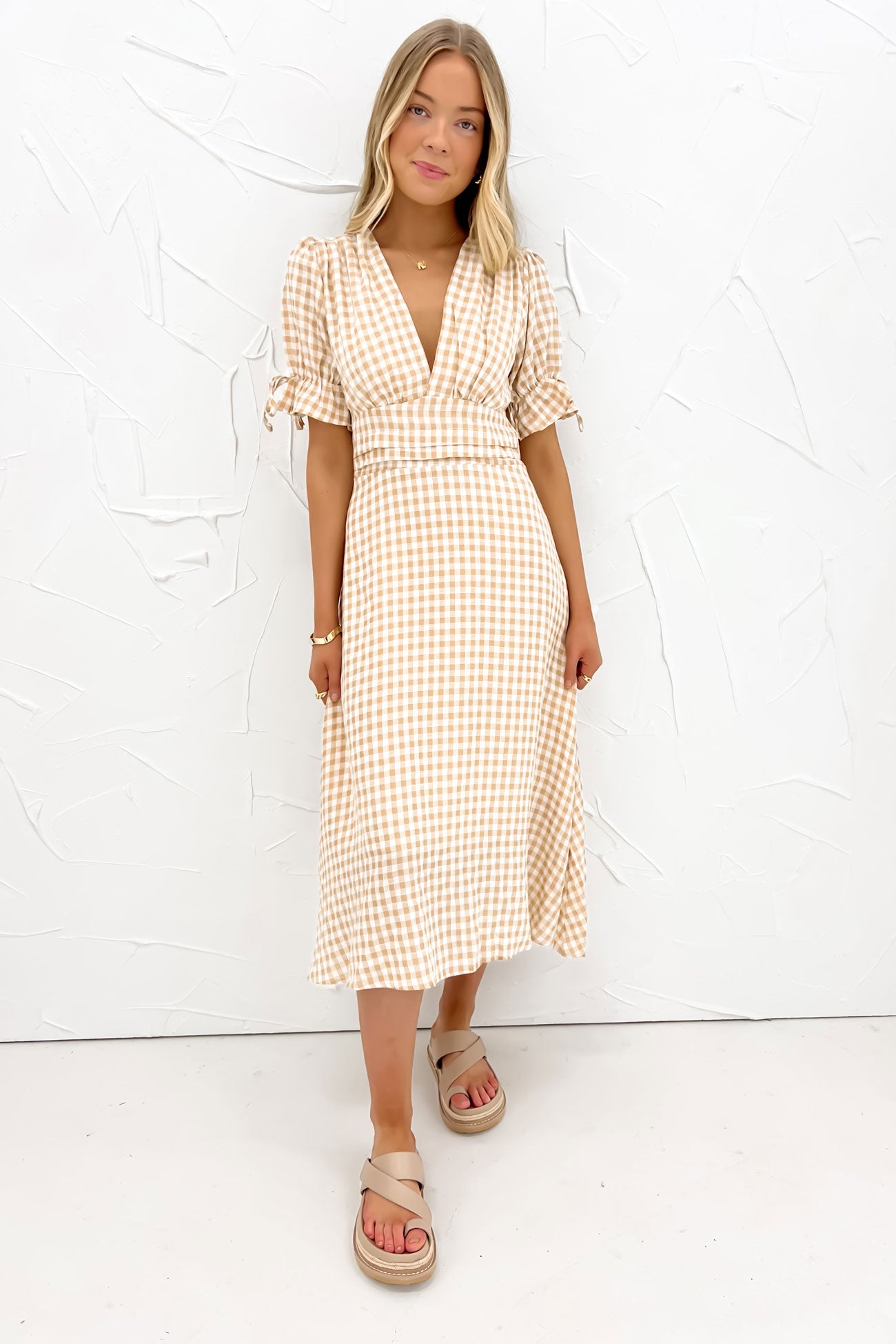 Aspyn Midi Dress Beige Check Aspyn Midi Dress Beige Check