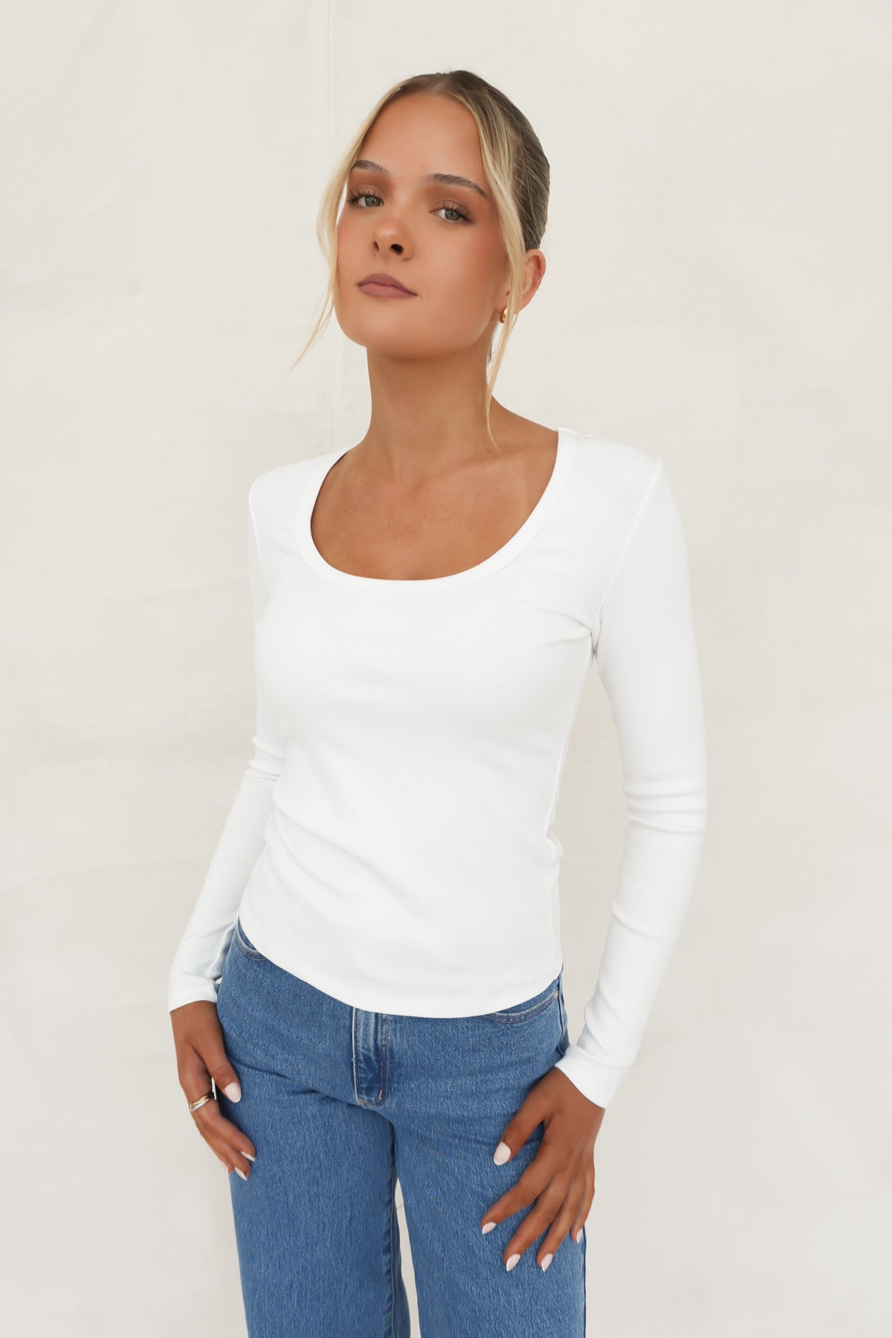BZ Luxe Rib Long Sleeve Top White