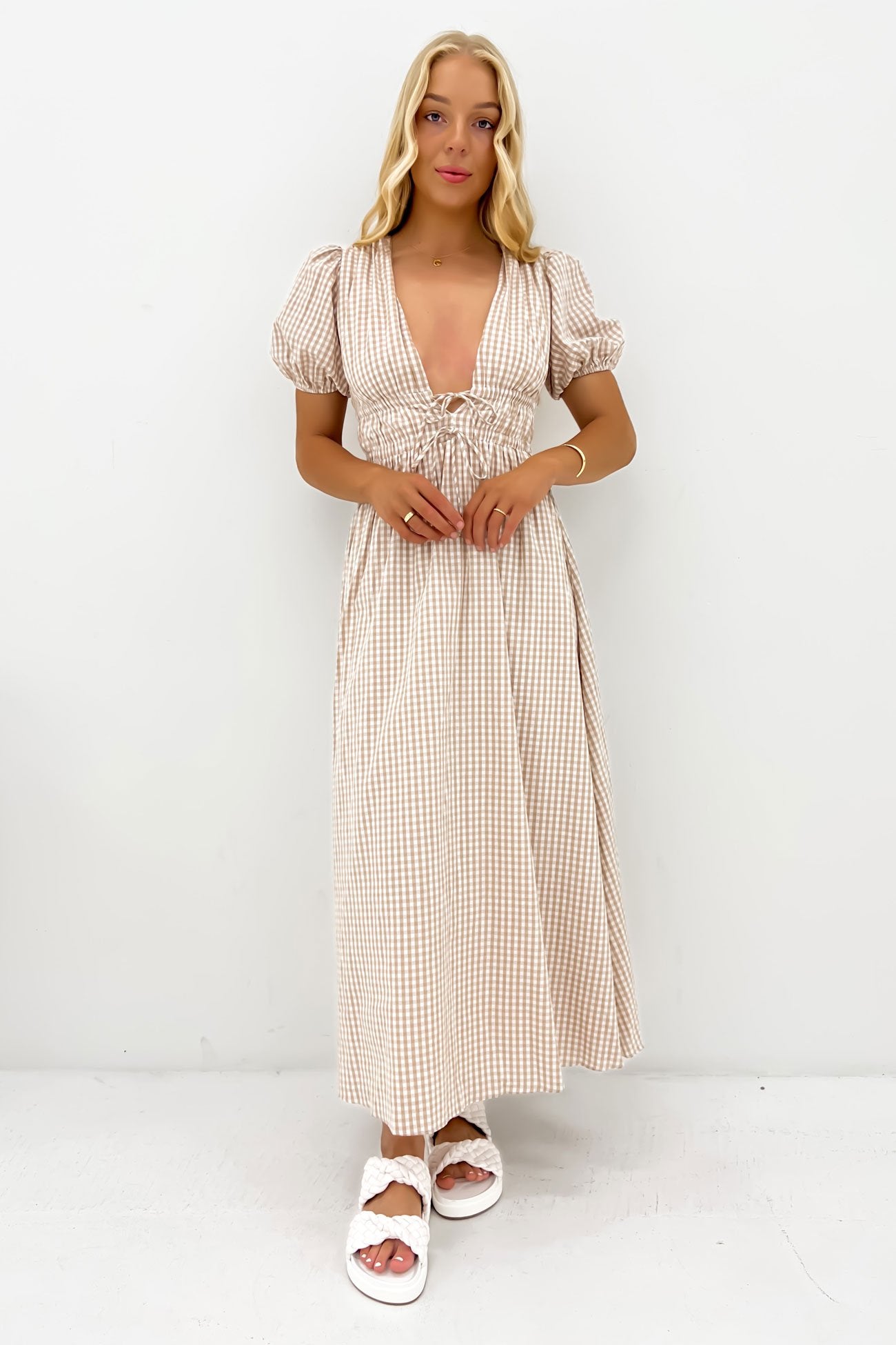Bellamy Maxi Dress Beige Gingham
