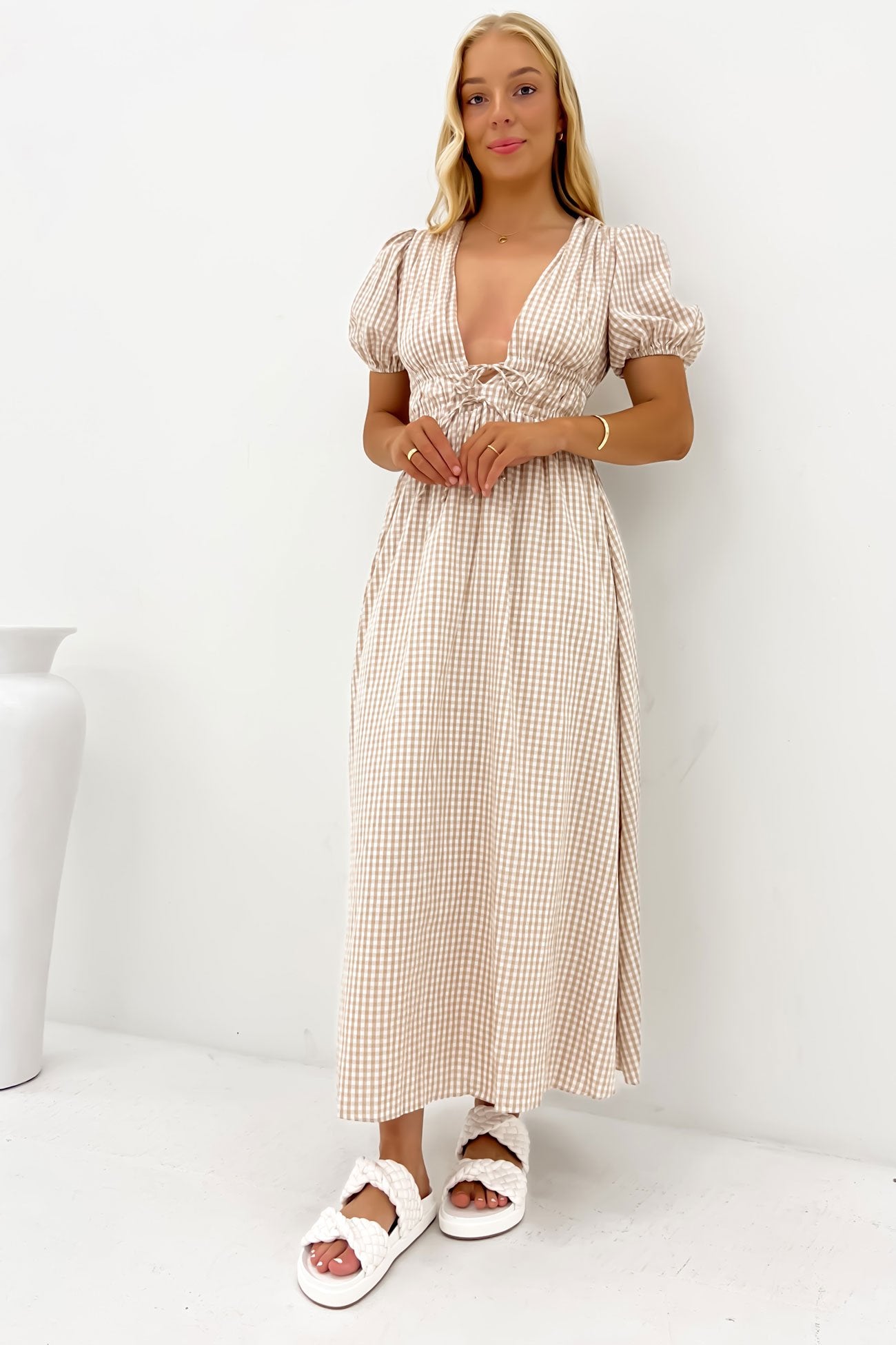 chinese dress ladies Gingham Cotton Everyday Midi Dress In Beige Ivory