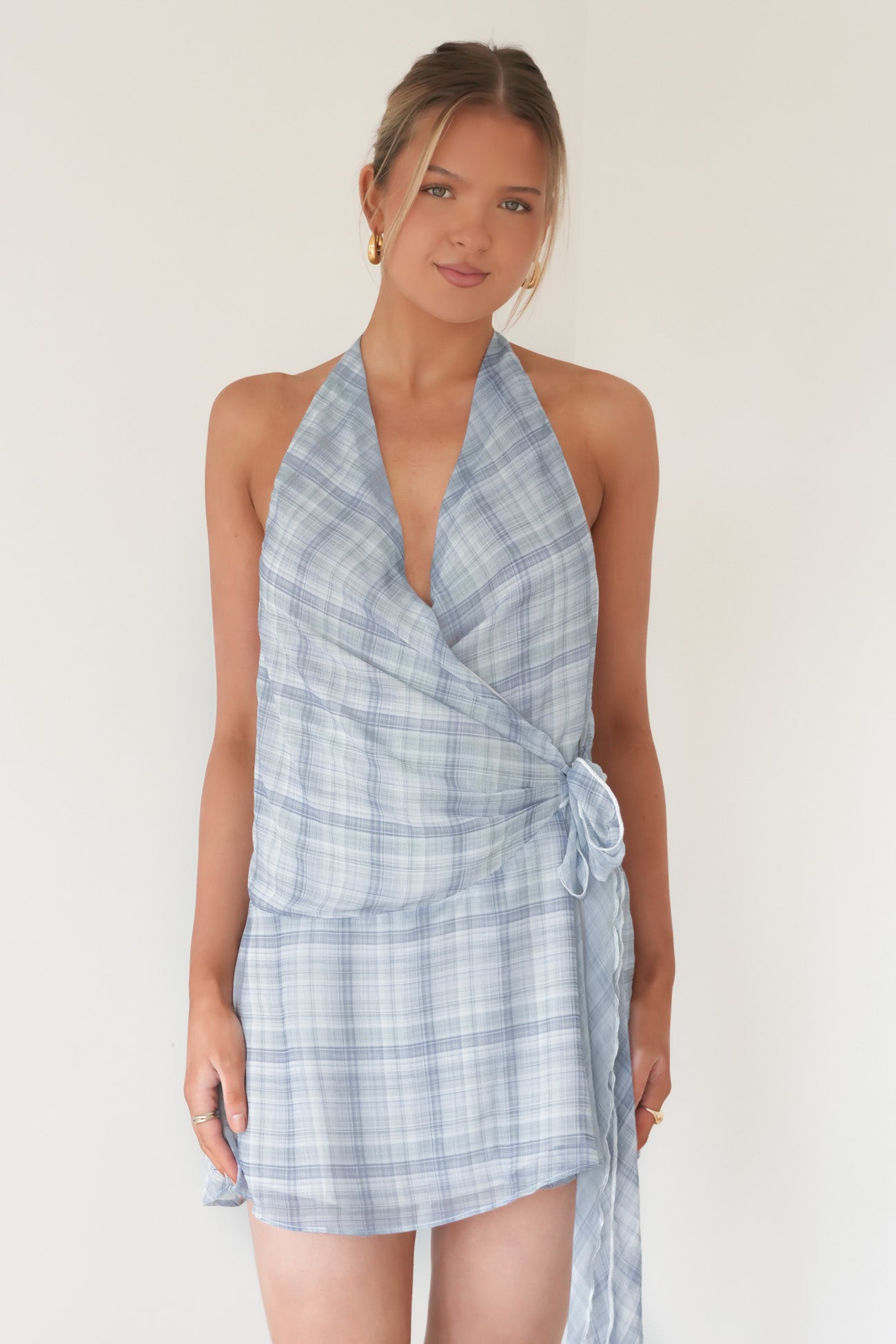 Bianca Halter Mini Dress Blue Check