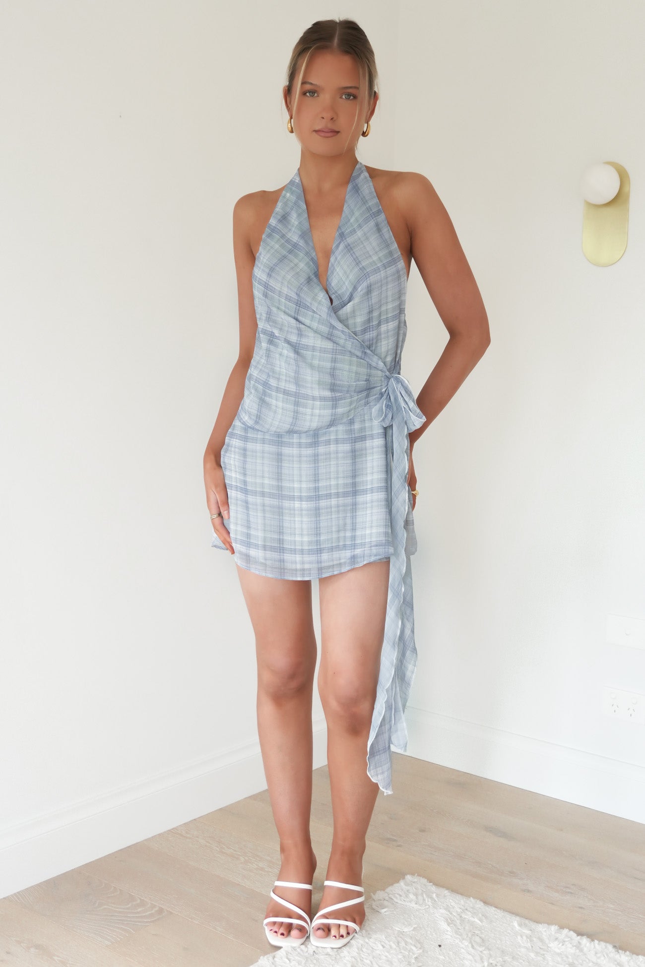 Bianca Halter Mini Dress Blue Check