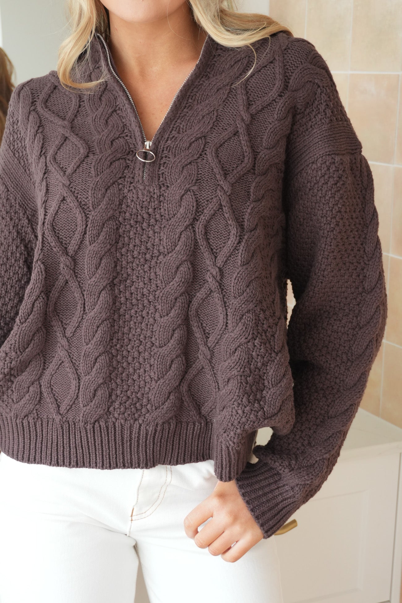 Brianna 1/2 Zip Cable Knit Chocolate