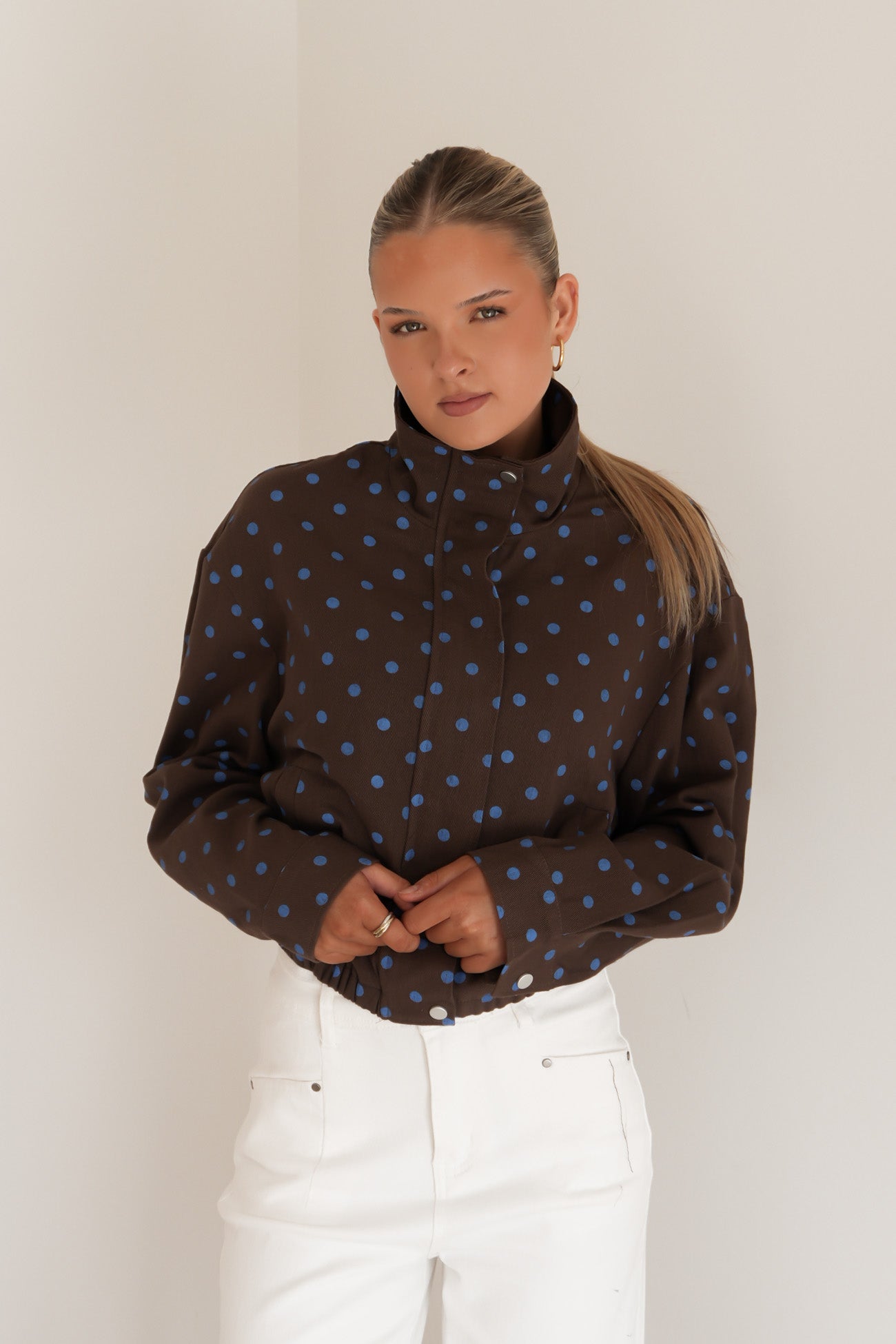 Brittany Denim Jacket Chocolate Blue Polka Dot
