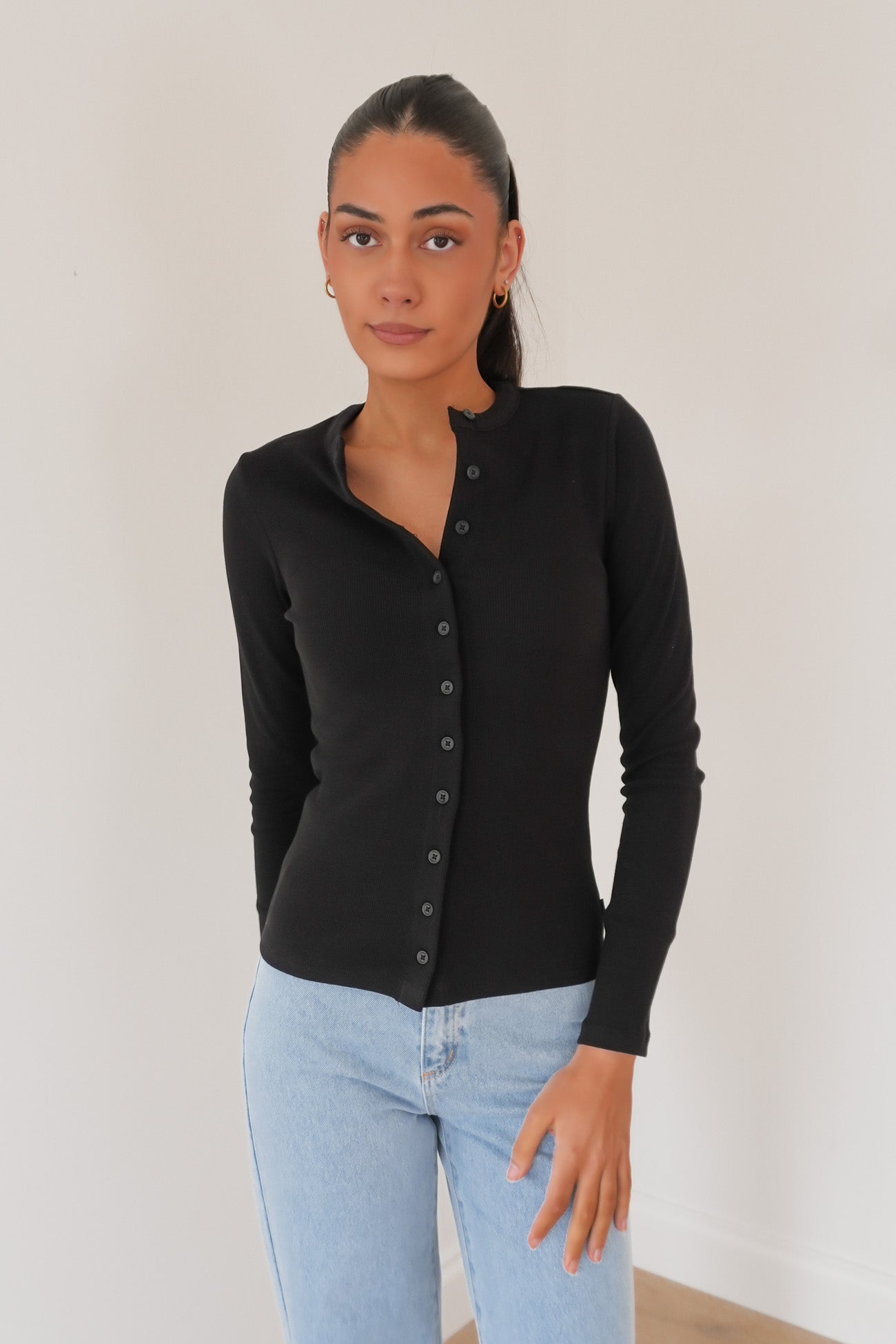 Button Up Long Sleeve Tee Black