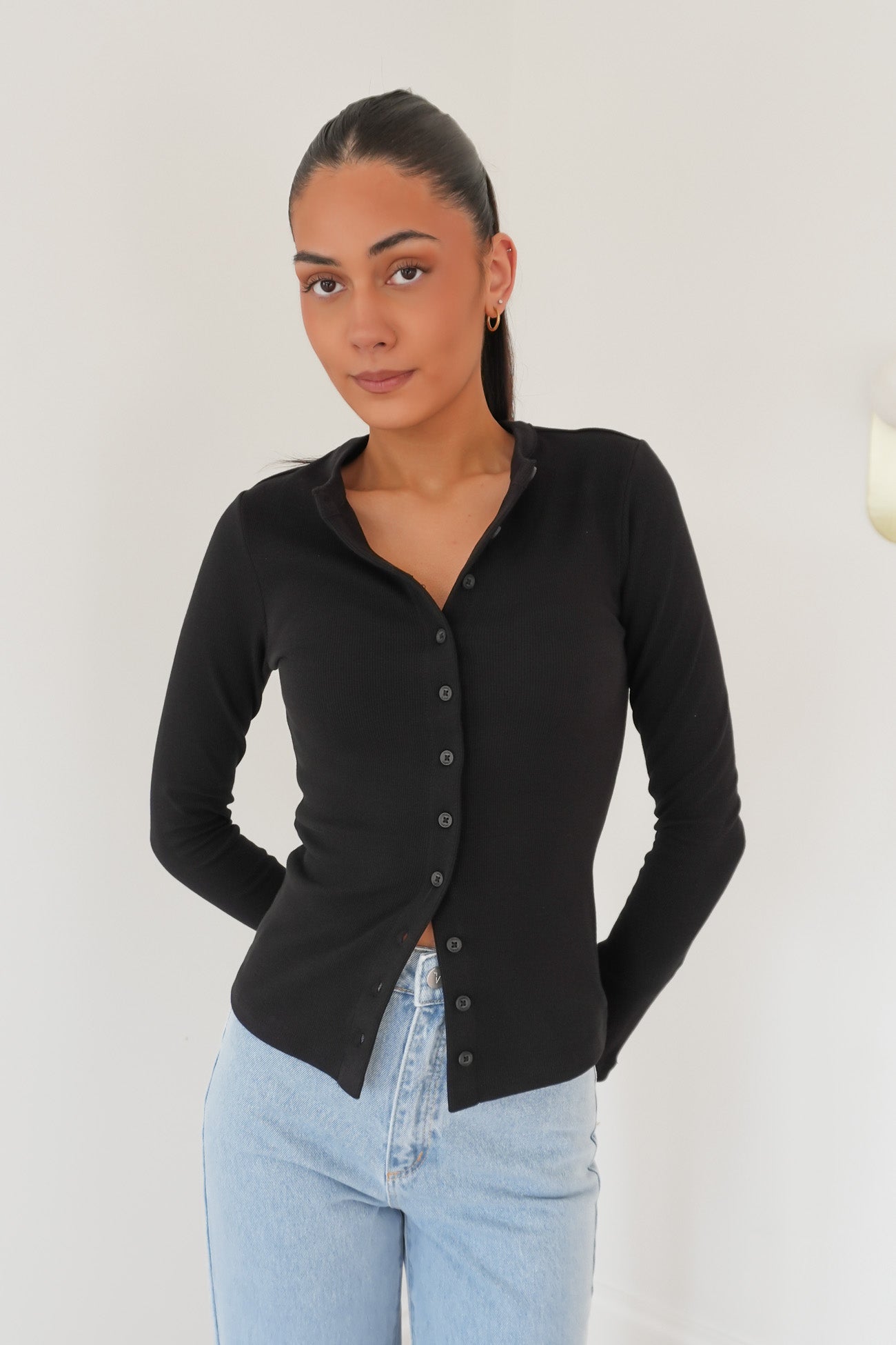 Button Up Long Sleeve Tee Black