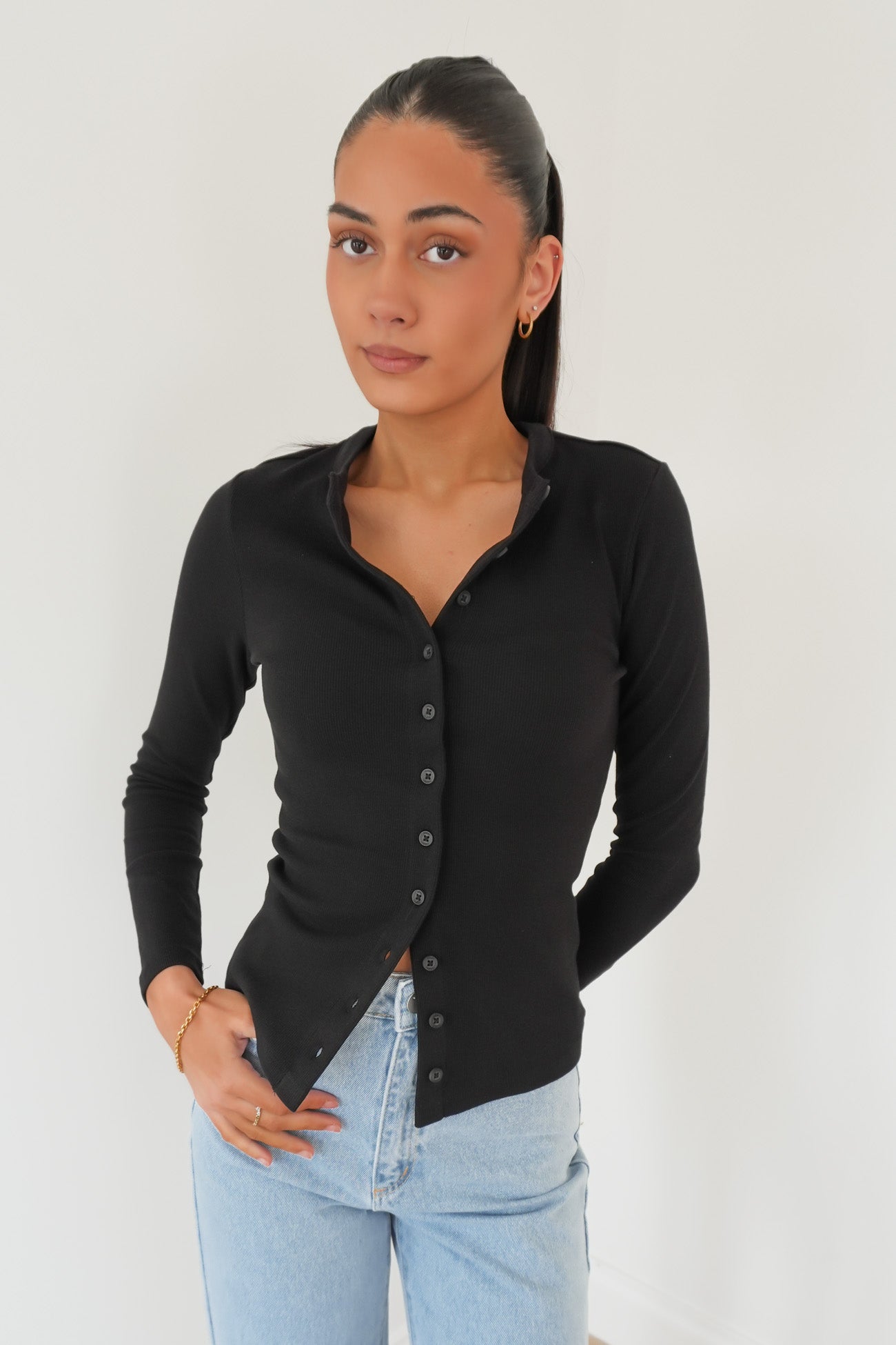 Button Up Long Sleeve Tee Black