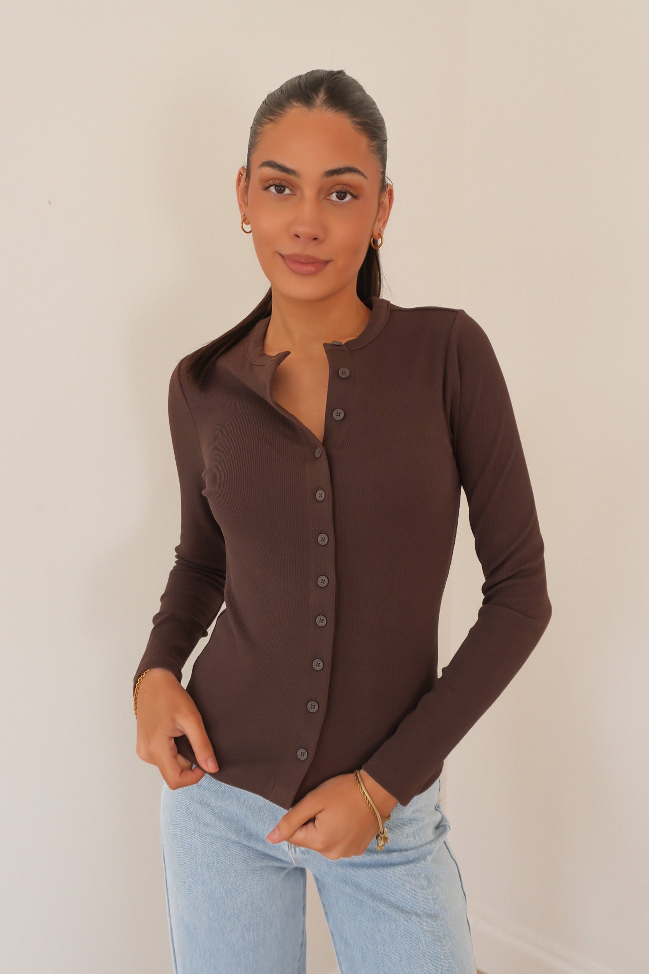 Button Up Long Sleeve Tee Chocolate