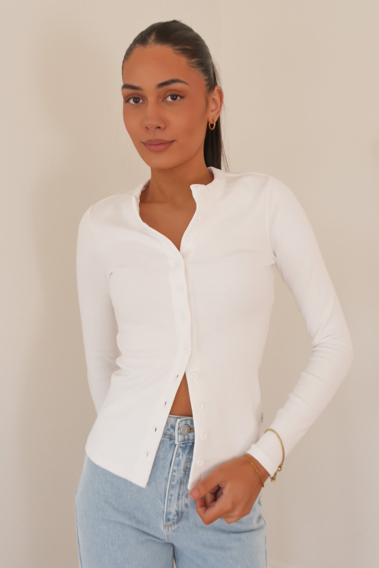 Button Up Long Sleeve Tee White