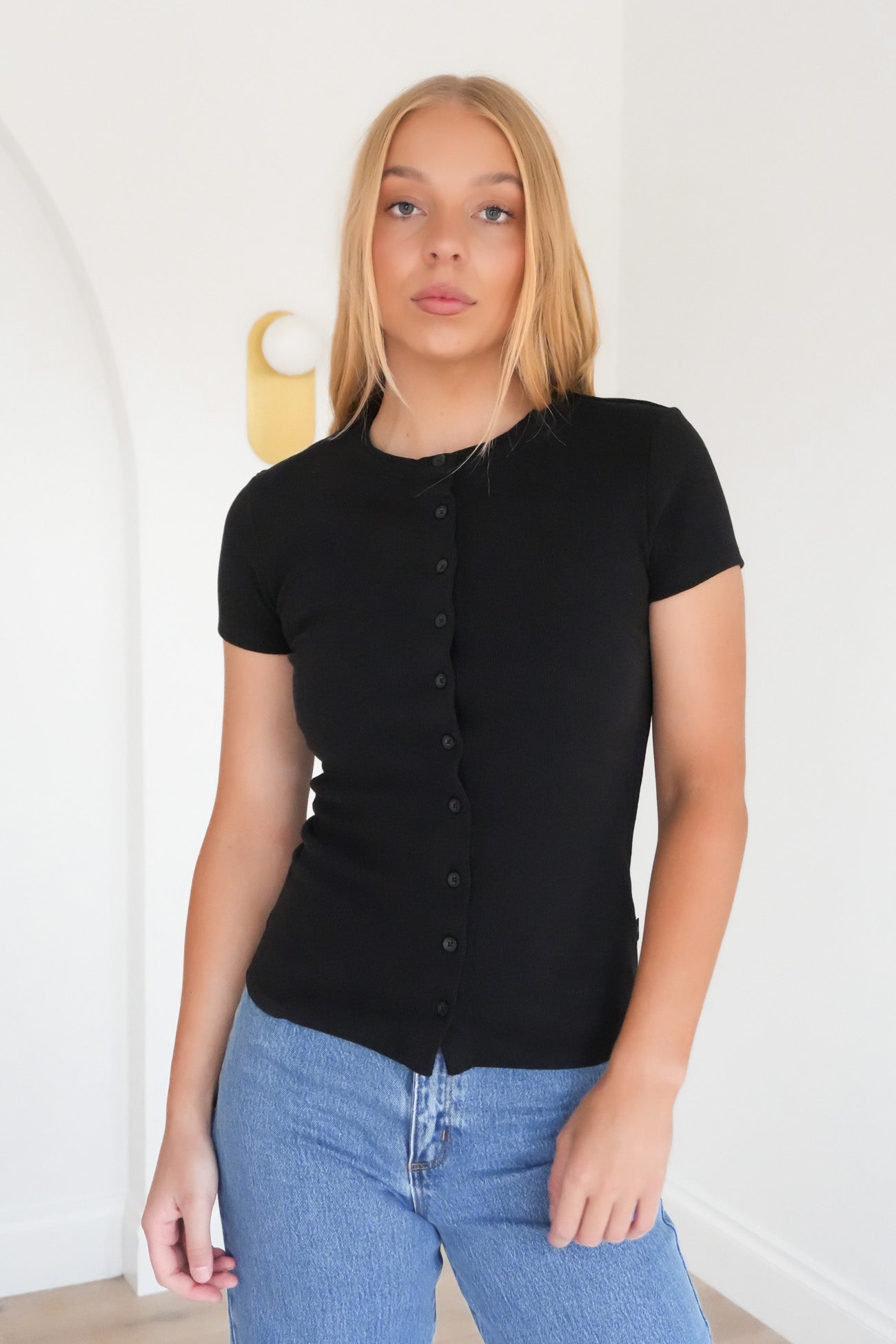 Button Up Short Sleeve Tee Black