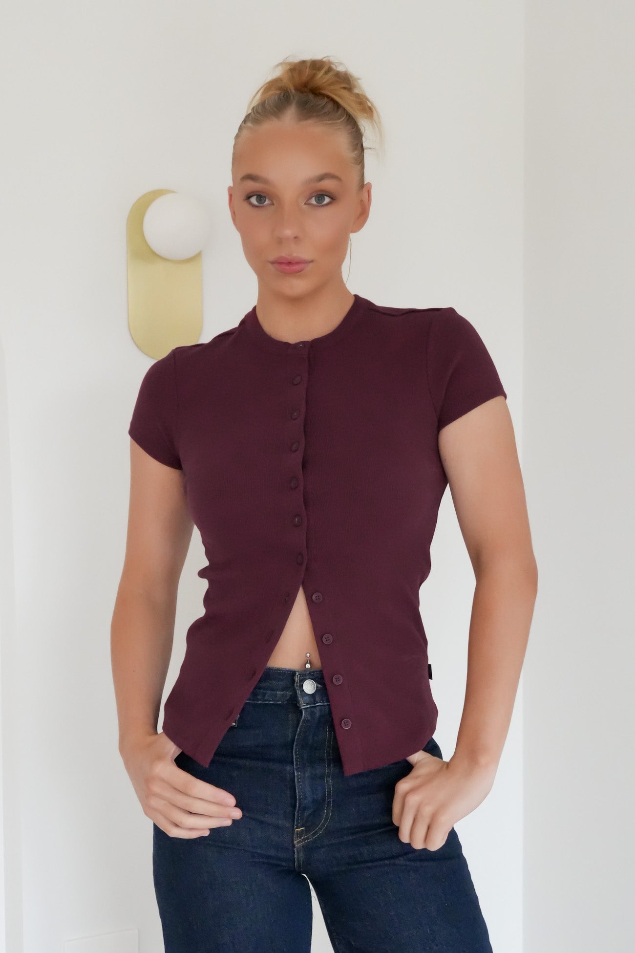 Button Up Short Sleeve Tee Cherry