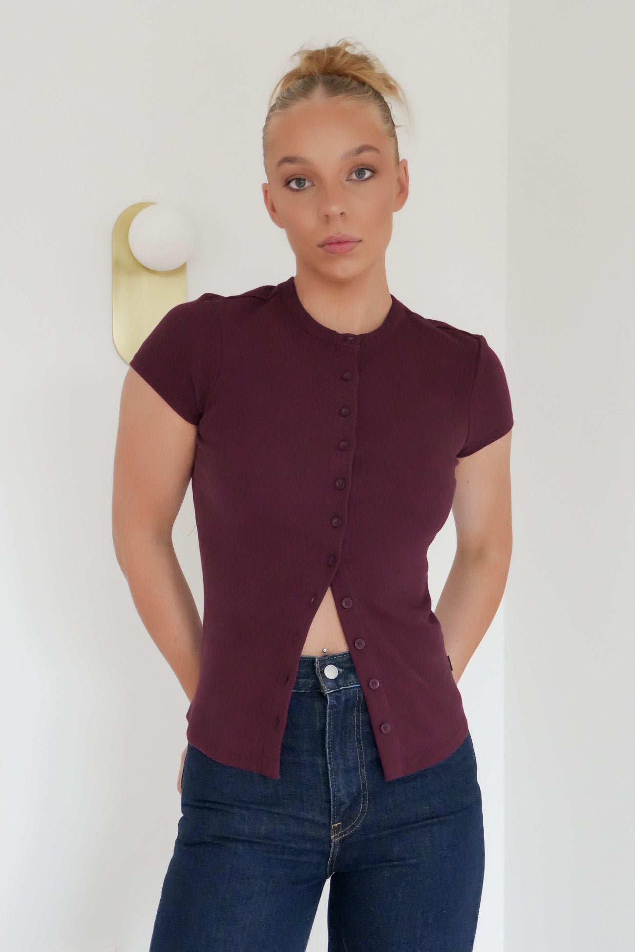 Button Up Short Sleeve Tee Cherry