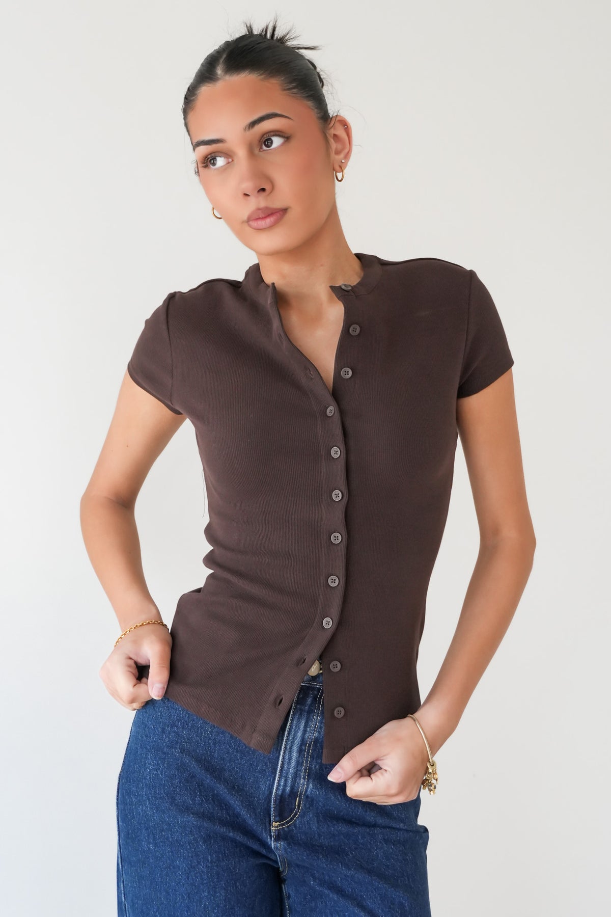 Button Up Short Sleeve Tee Chocolate