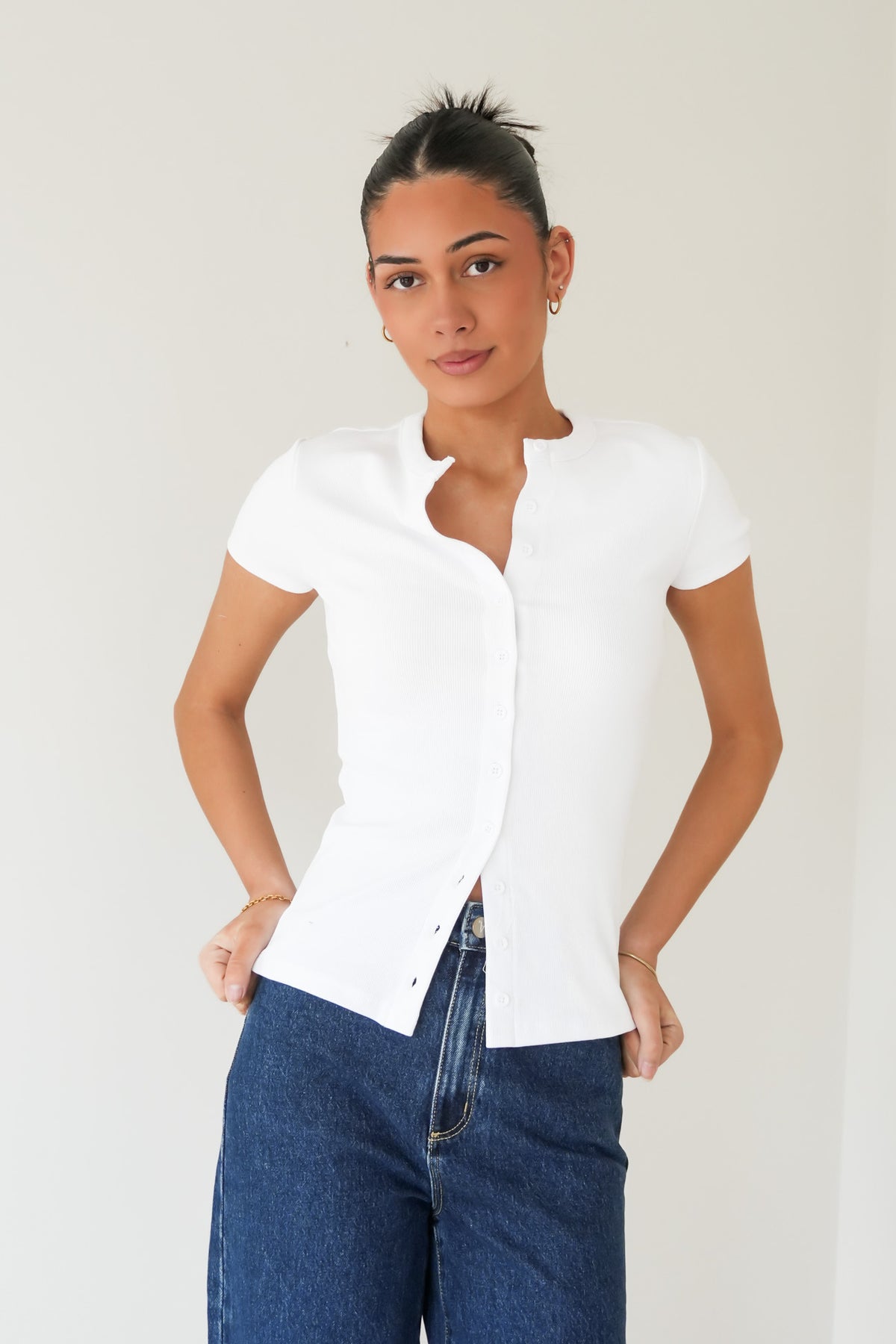 Button Up Short Sleeve Tee White