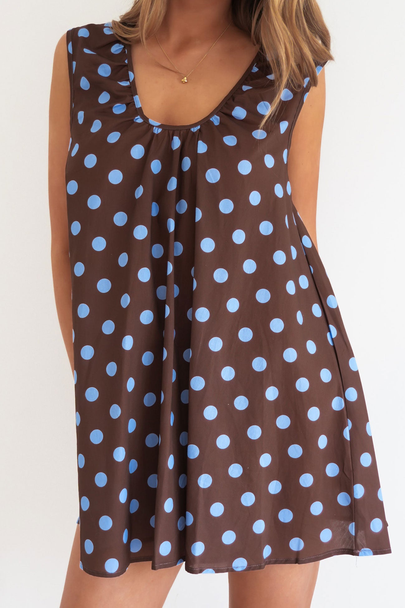 Caitlin Mini Dress Chocolate Blue Polka Dot