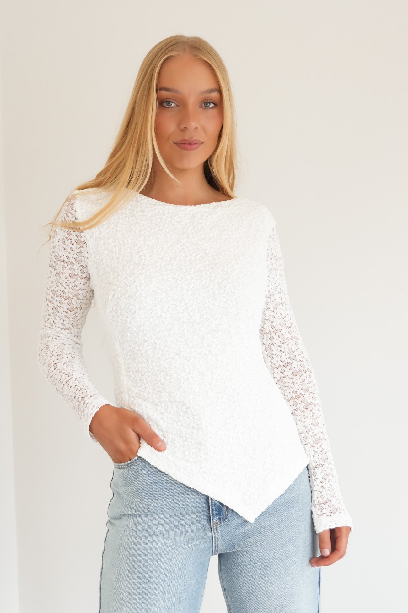 Cate Lace Long Sleeve Top White