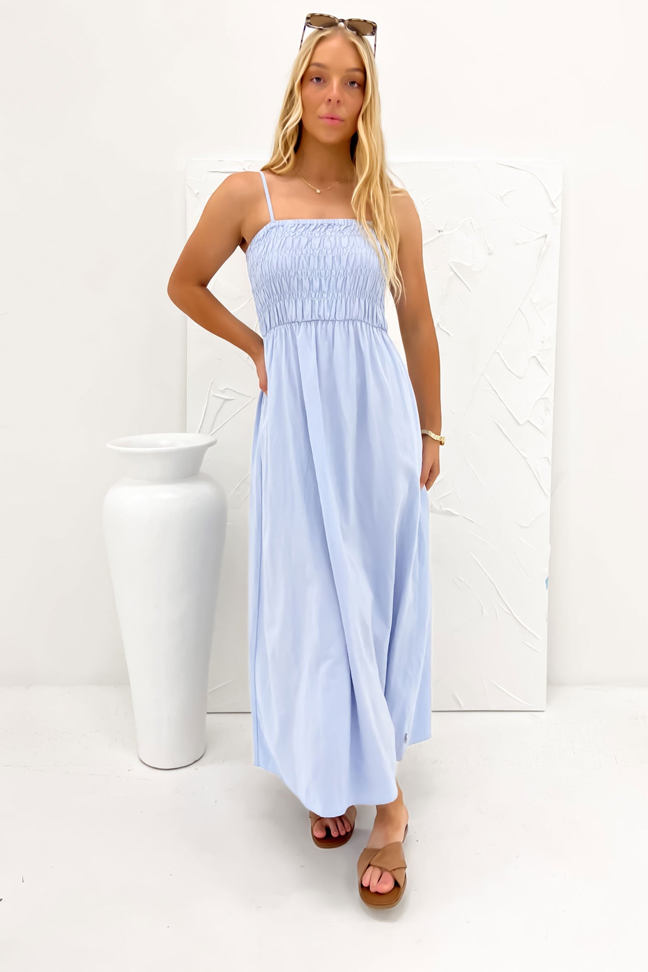 Classic Shirred Midi Dress Blue Classic Shirred Midi Dress Blue