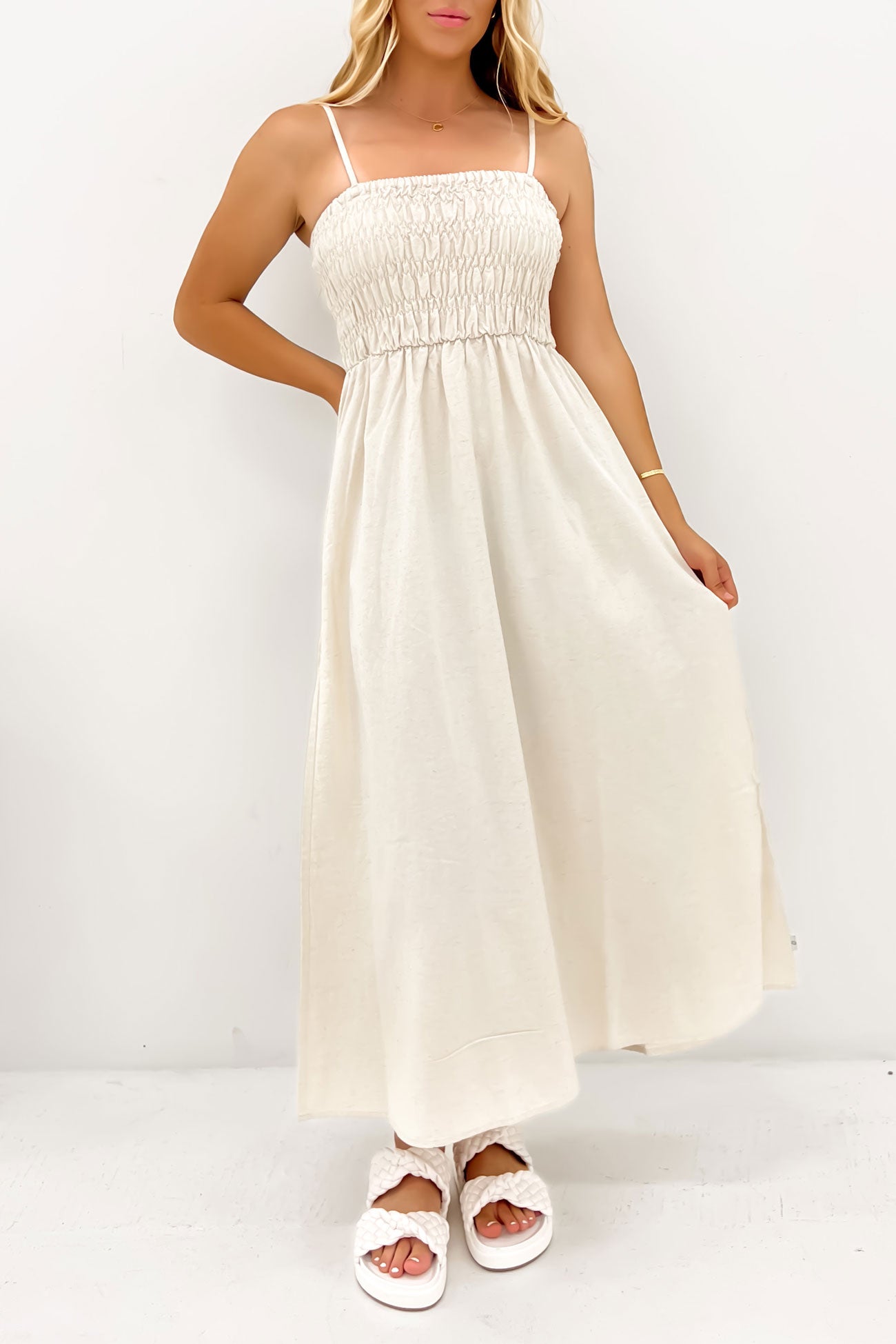 Classic Shirred Midi Dress Oat Classic Shirred Midi Dress Oat
