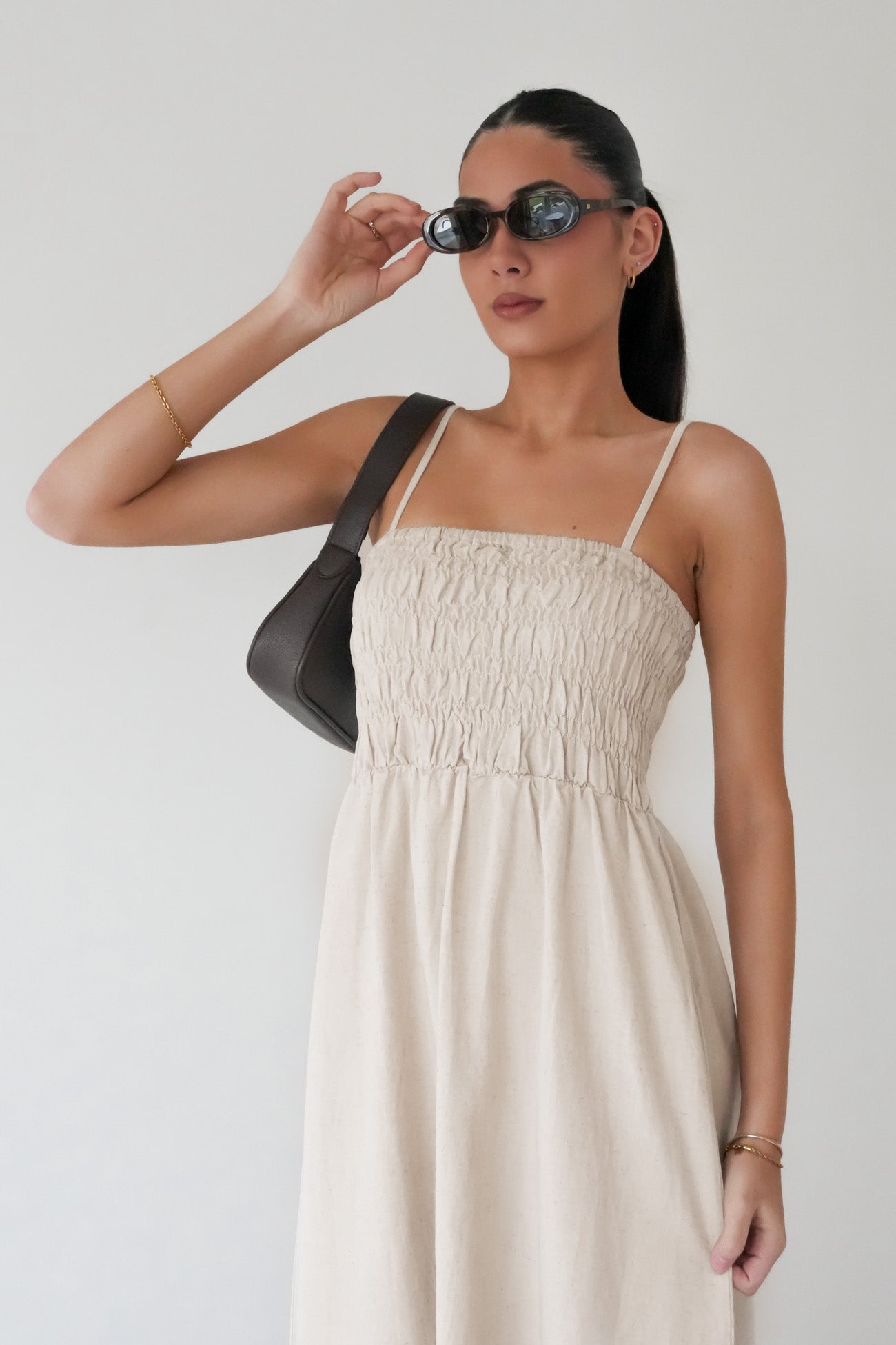 Classic Shirred Midi Dress Oat