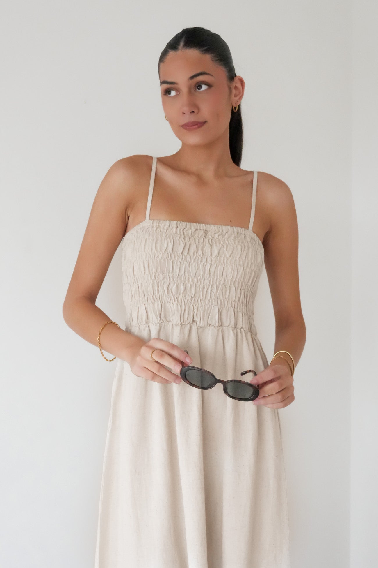 Classic Shirred Midi Dress Oat