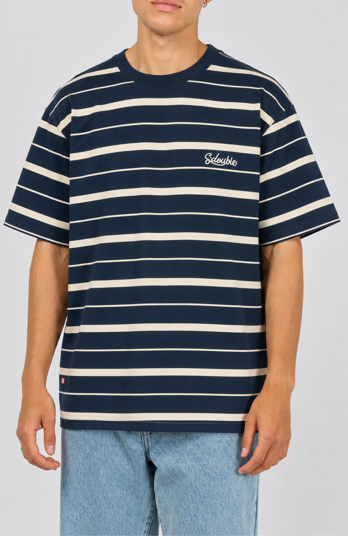 Cursive Stripe T-Shirt Navy Natural
