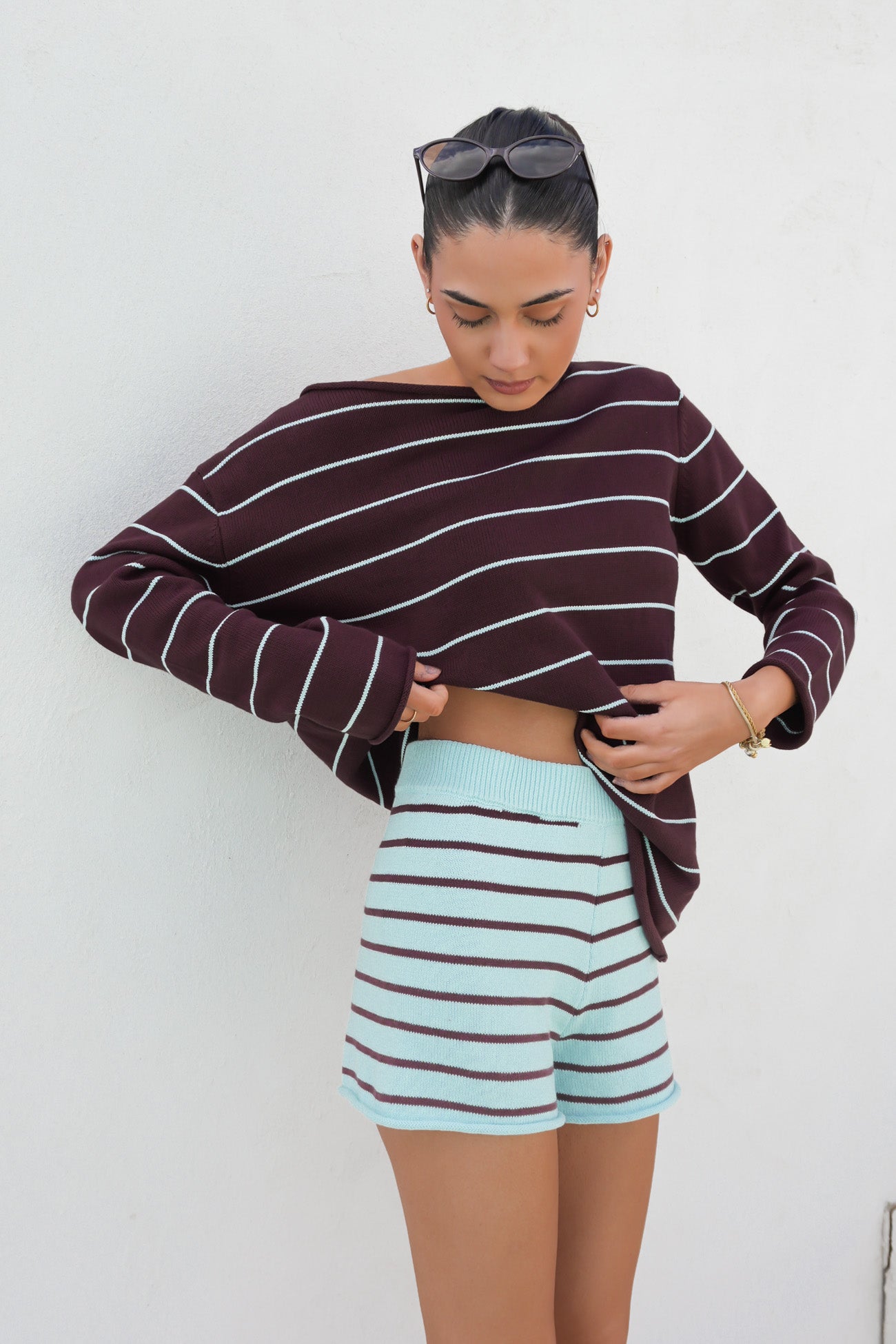 Danney Knit Jumper Chocolate Aqua Stripe