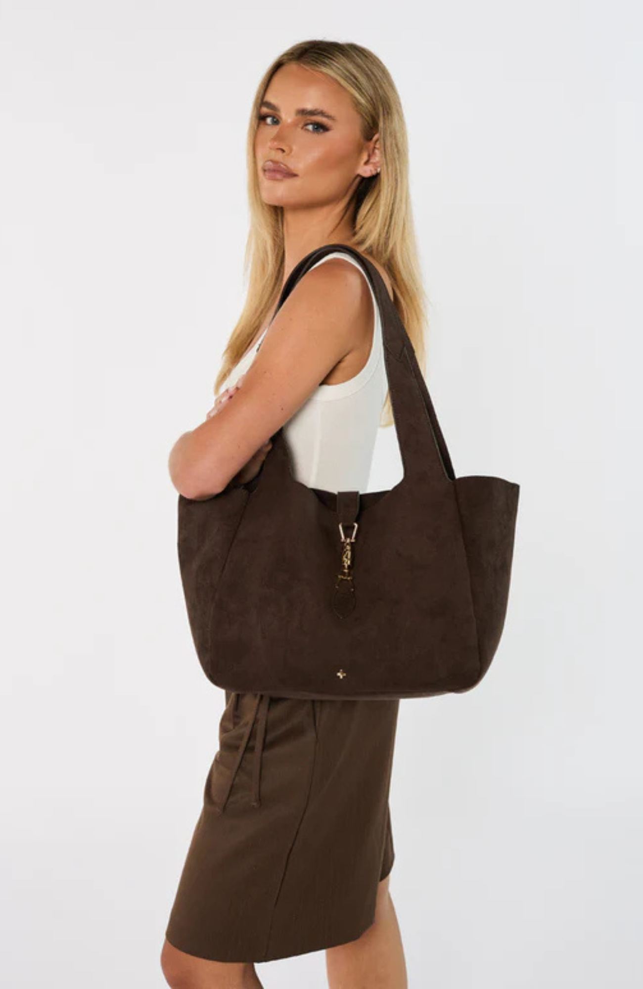 Dasha Bag Chocolate Faux Suede Gold