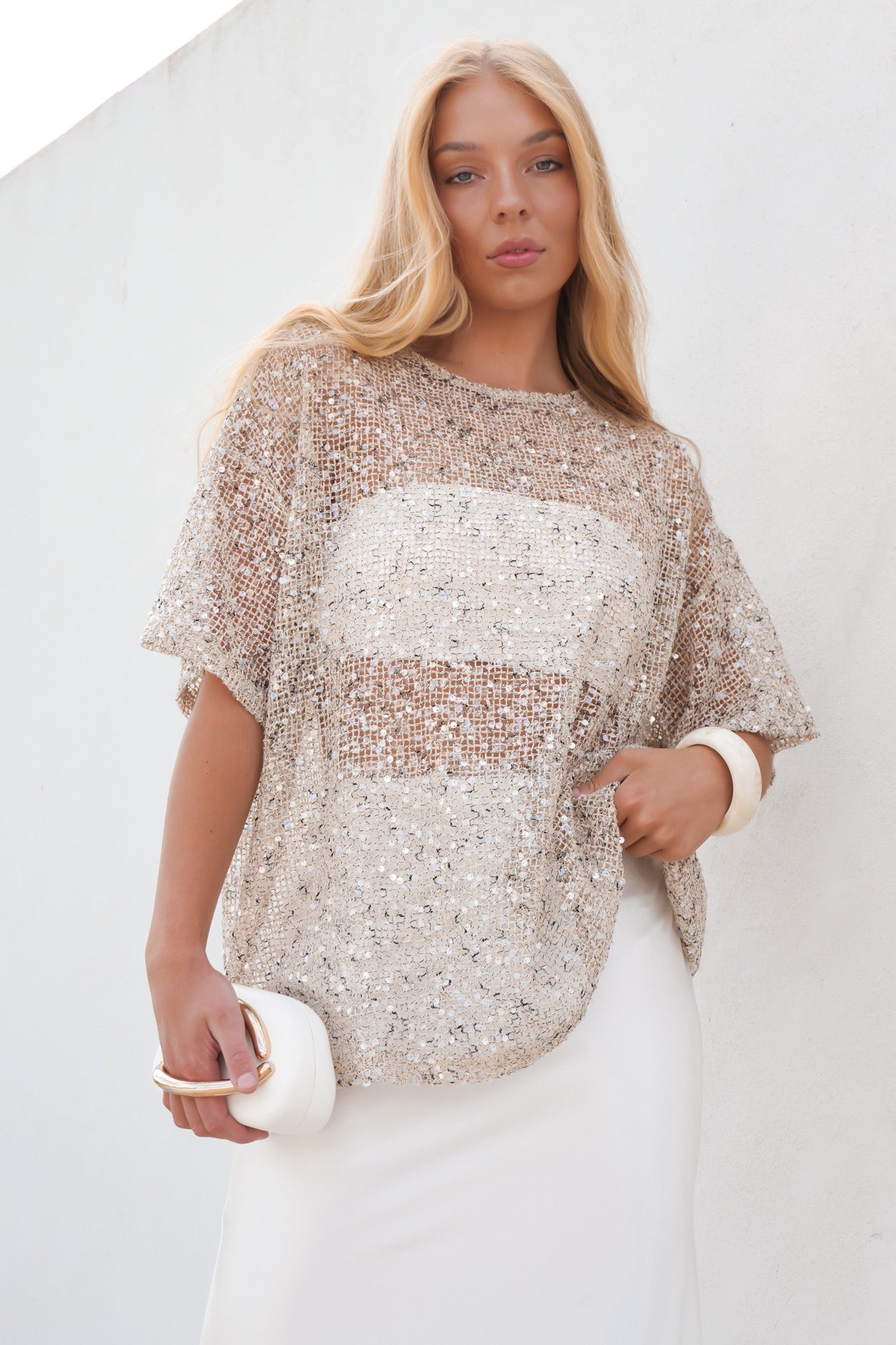 Elyse Sequin Tee Beige