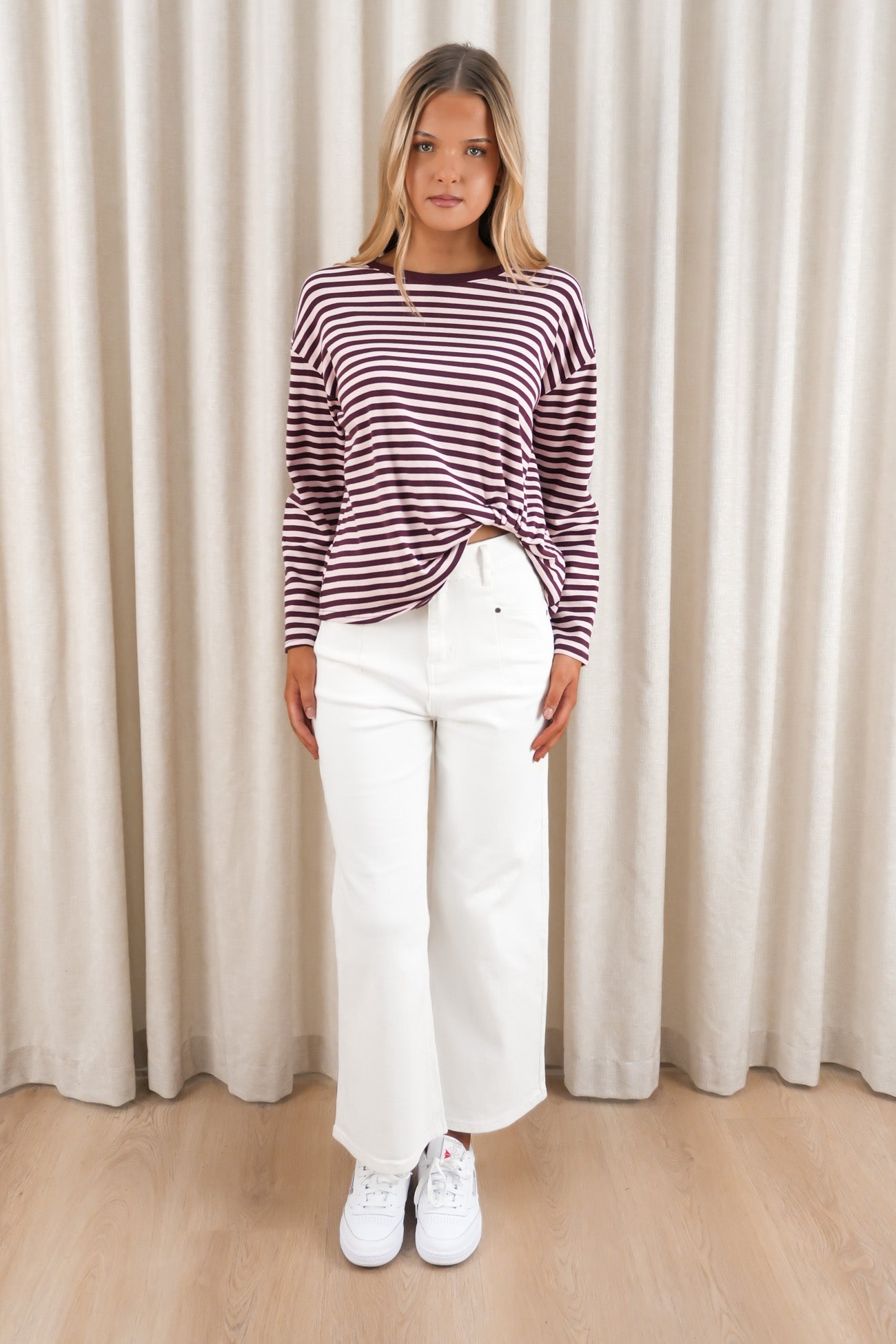 Franco Stripe Long Sleeve Tee Blush Burgundy