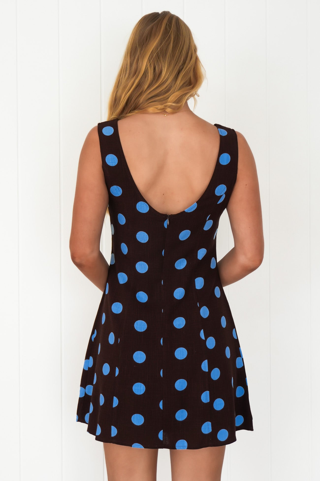 Gwen Mini Dress Chocolate Blue Polka Dot