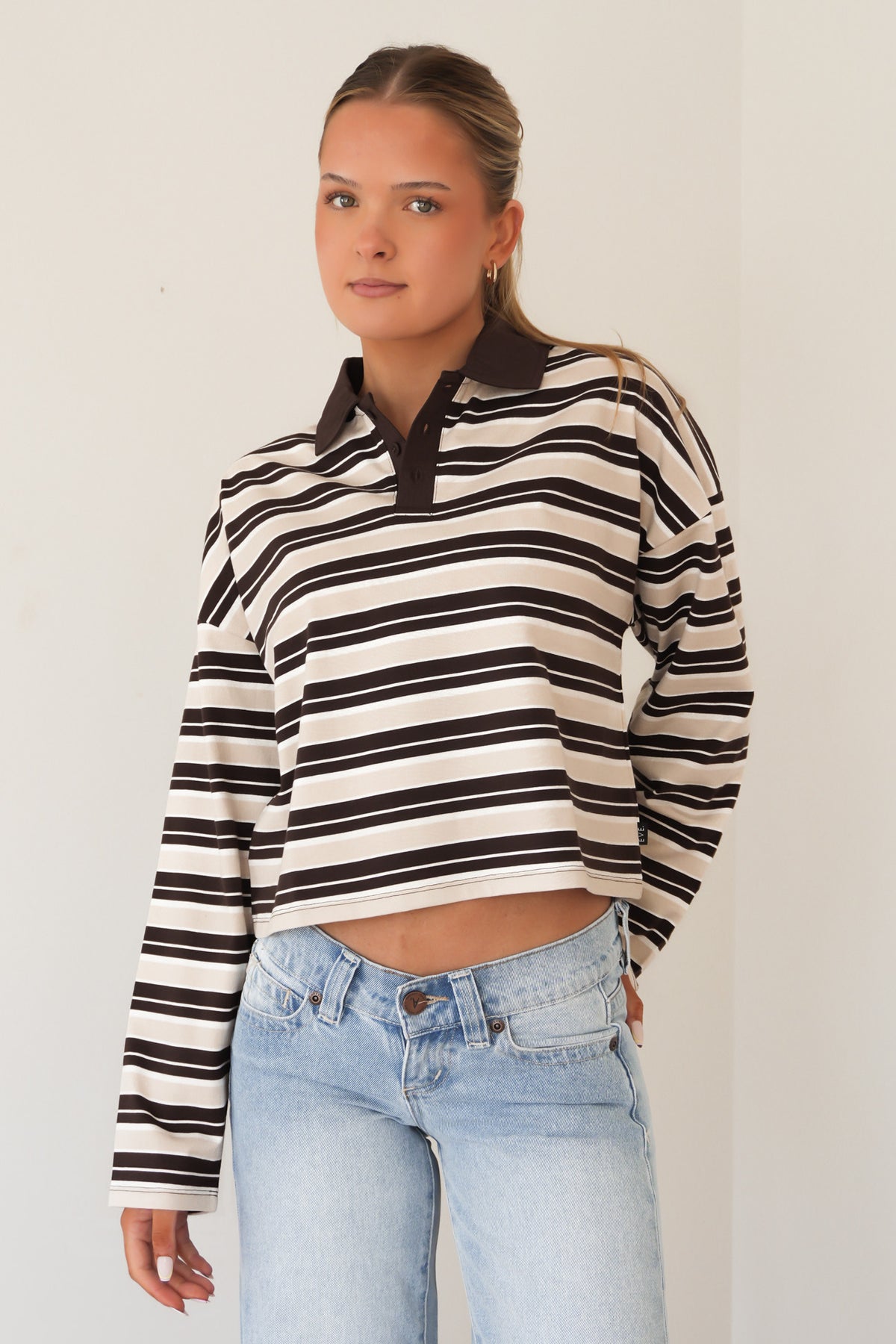 Harri Stripe Long Sleeve Rugby Top Brown