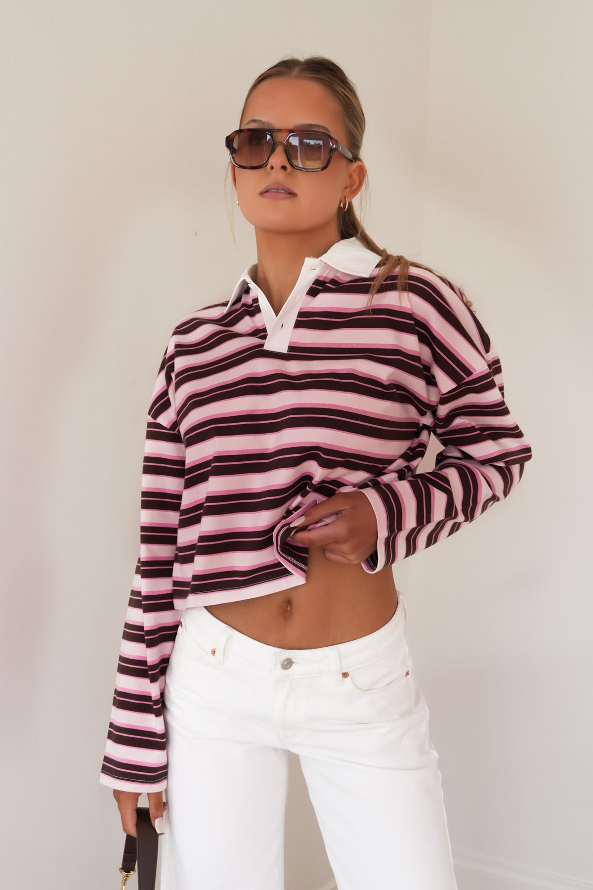 Harri Stripe Long Sleeve Rugby Top Pale Pink