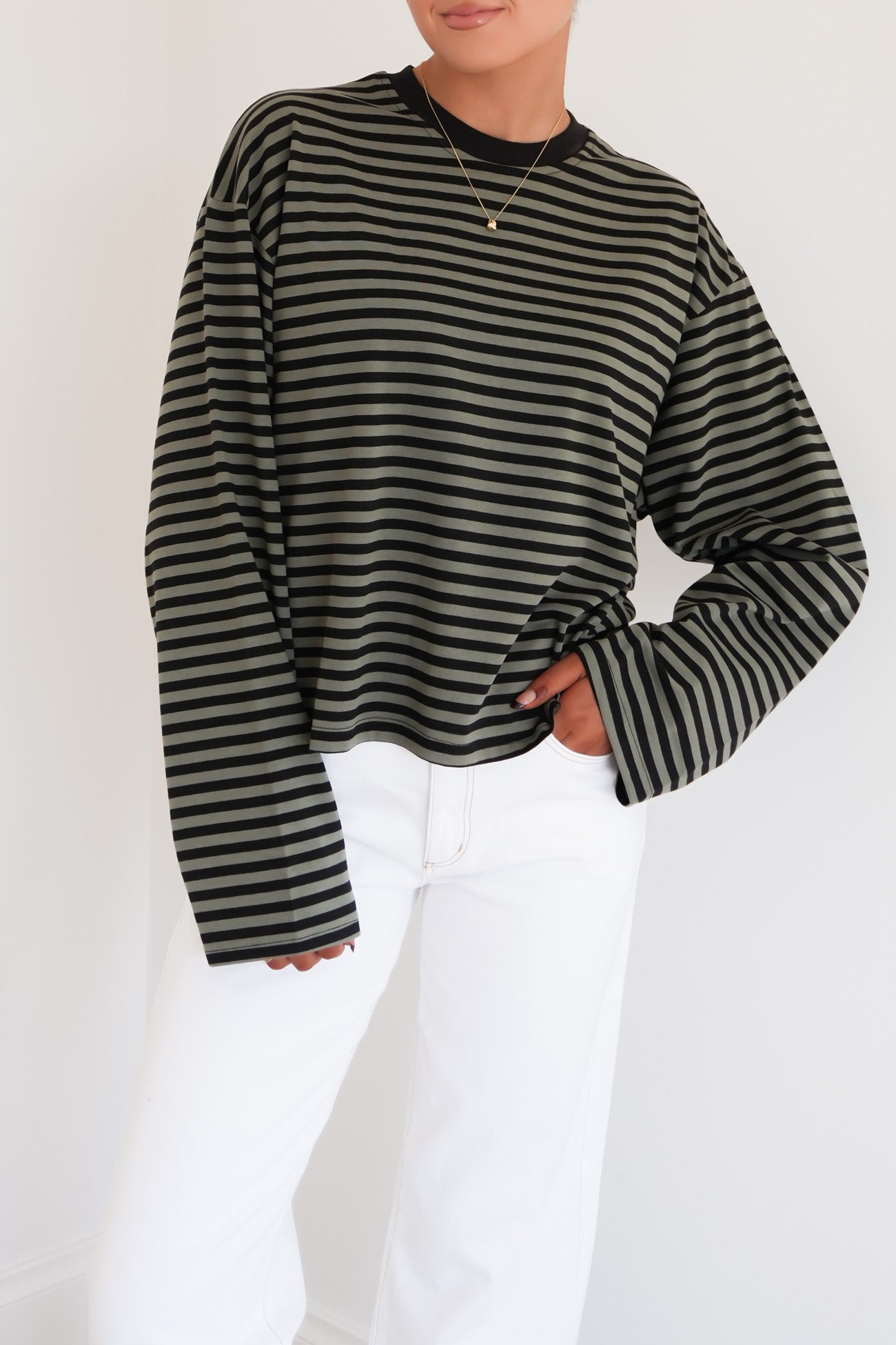 Haylee Long Sleeve Stripe Tee Olive