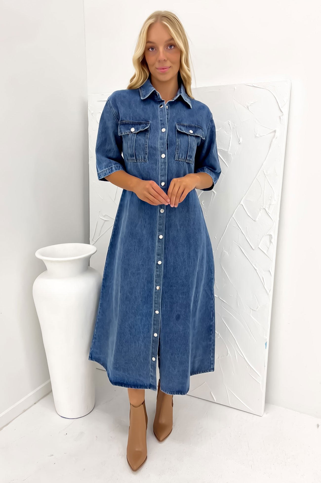 Hunter Denim Midi Dress Mid Blue Hunter Denim Midi Dress Mid Blue