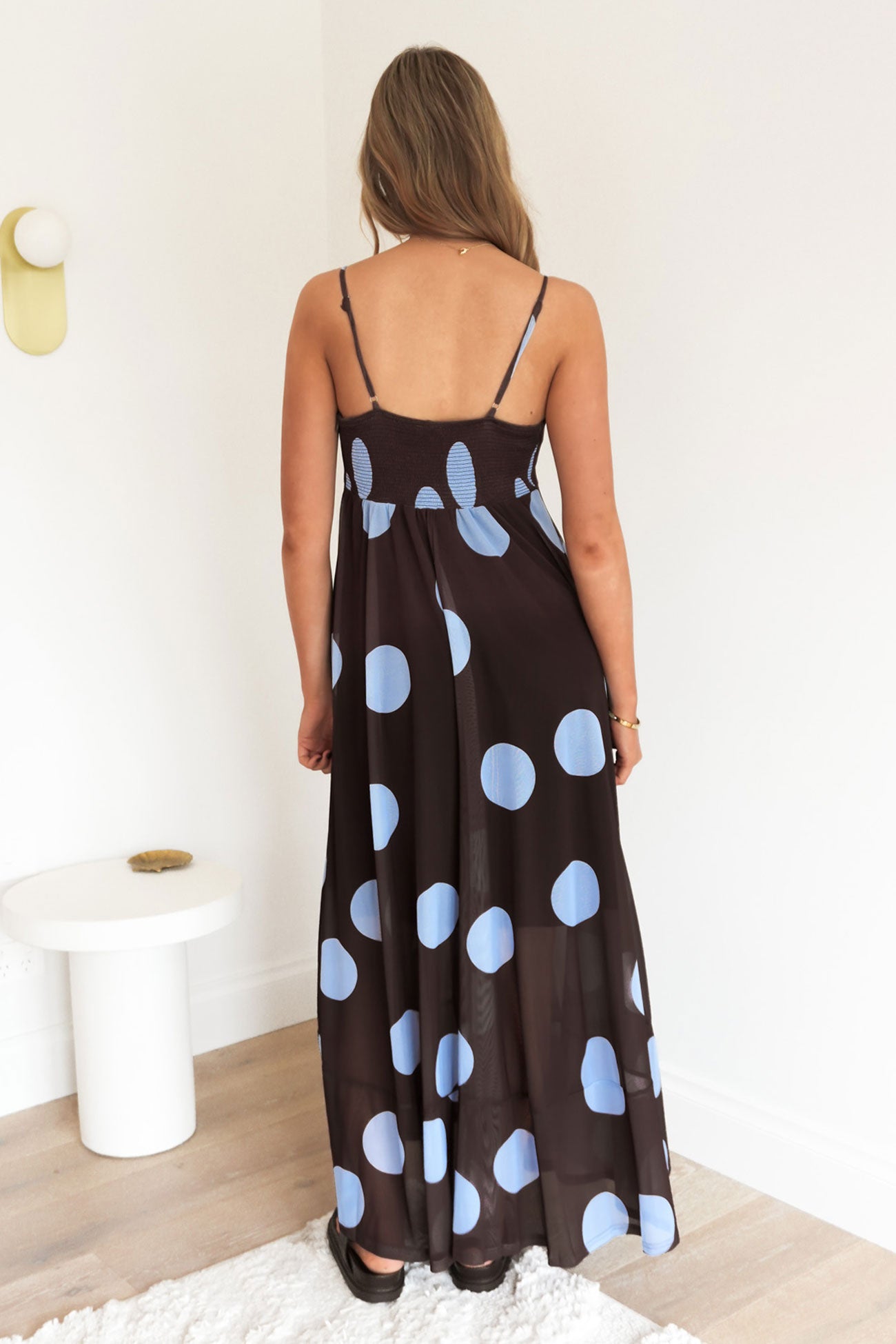 Jeane Maxi Dress Chocolate Blue Polka Dot