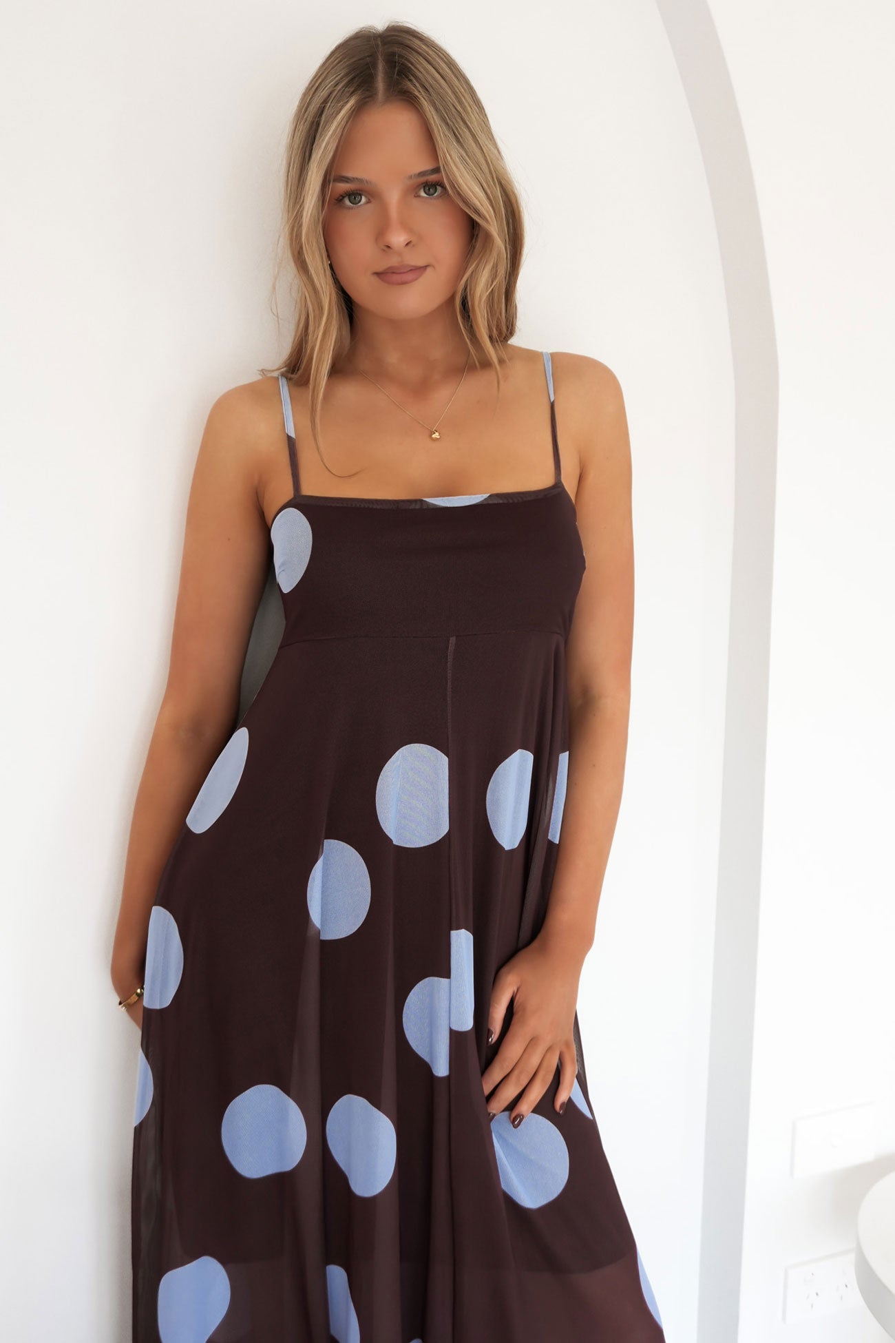 Jeane Maxi Dress Chocolate Blue Polka Dot