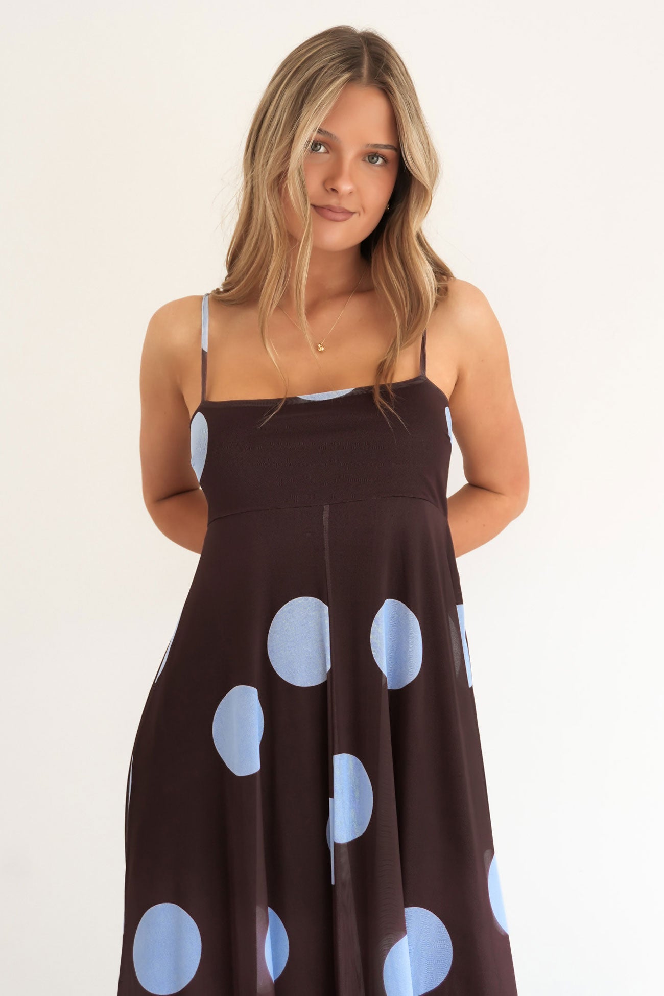 Jeane Maxi Dress Chocolate Blue Polka Dot