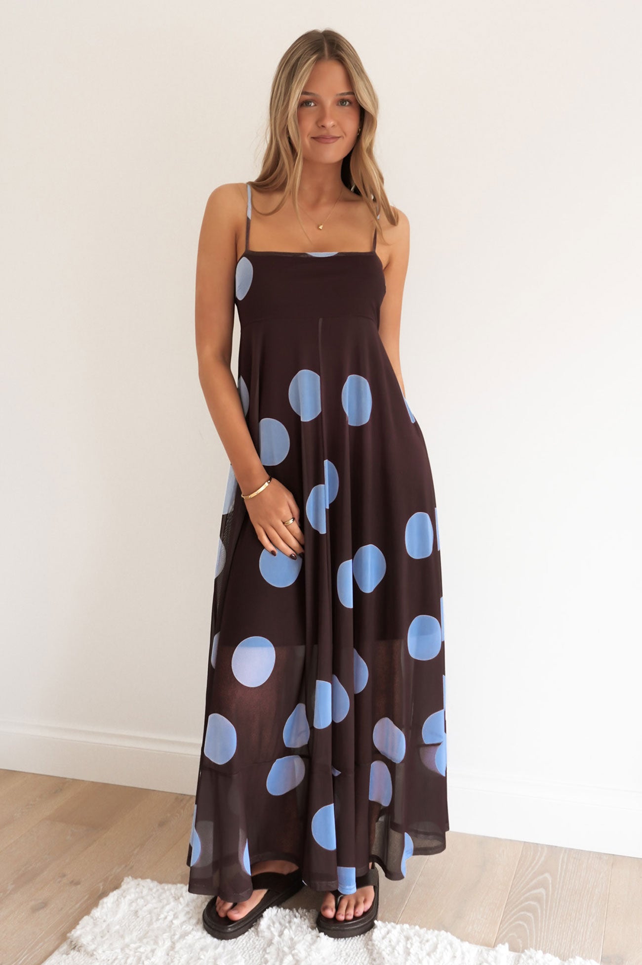 Jeane Maxi Dress Chocolate Blue Polka Dot Jeane Maxi Dress Chocolate Blue Polka Dot