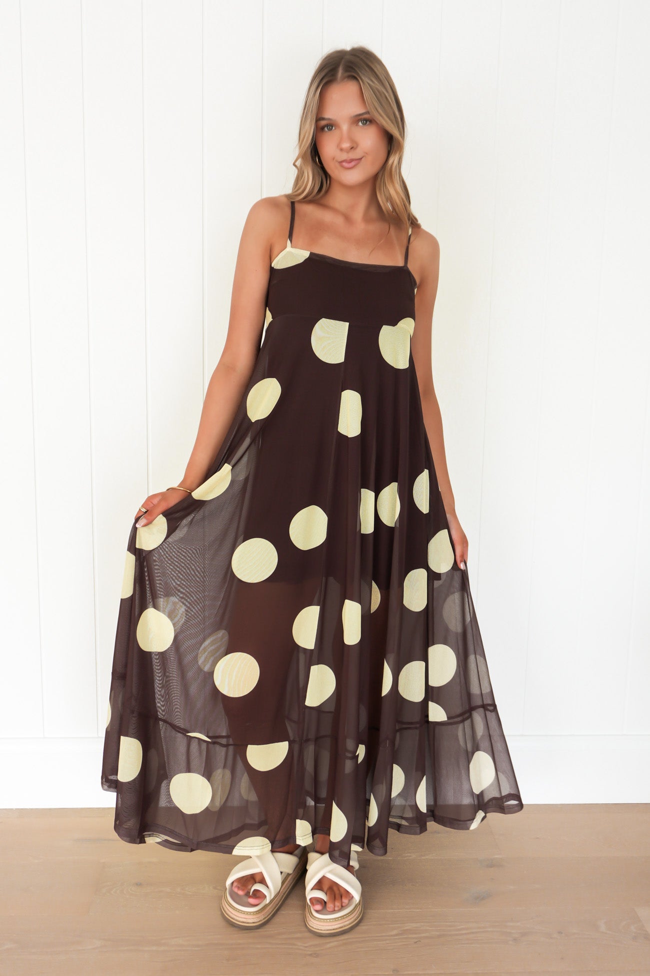 Jeane Maxi Dress Chocolate Yellow Polka Dot Jeane Maxi Dress Chocolate Yellow Polka Dot