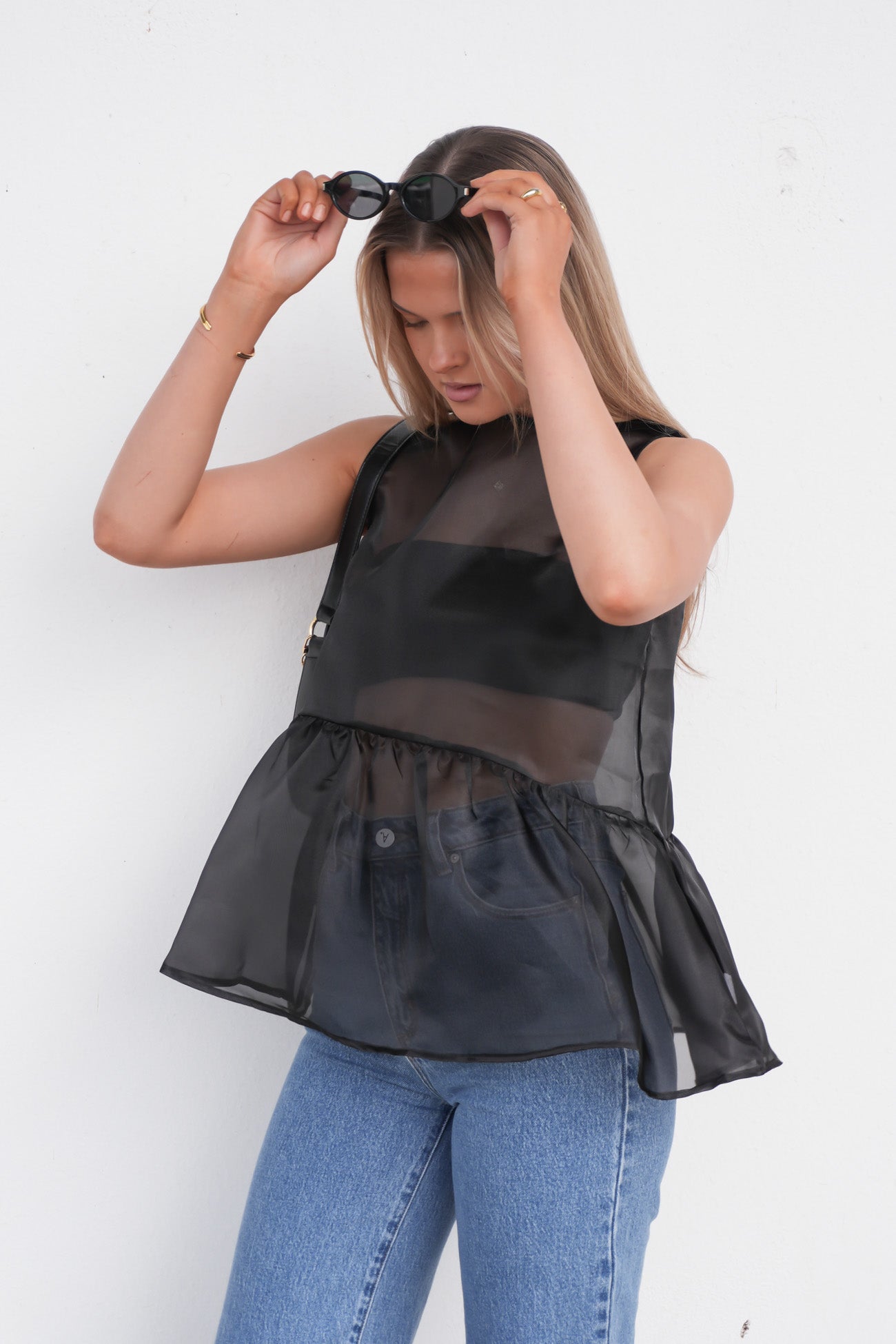 Jhidyn Sheer Peplum Top Black